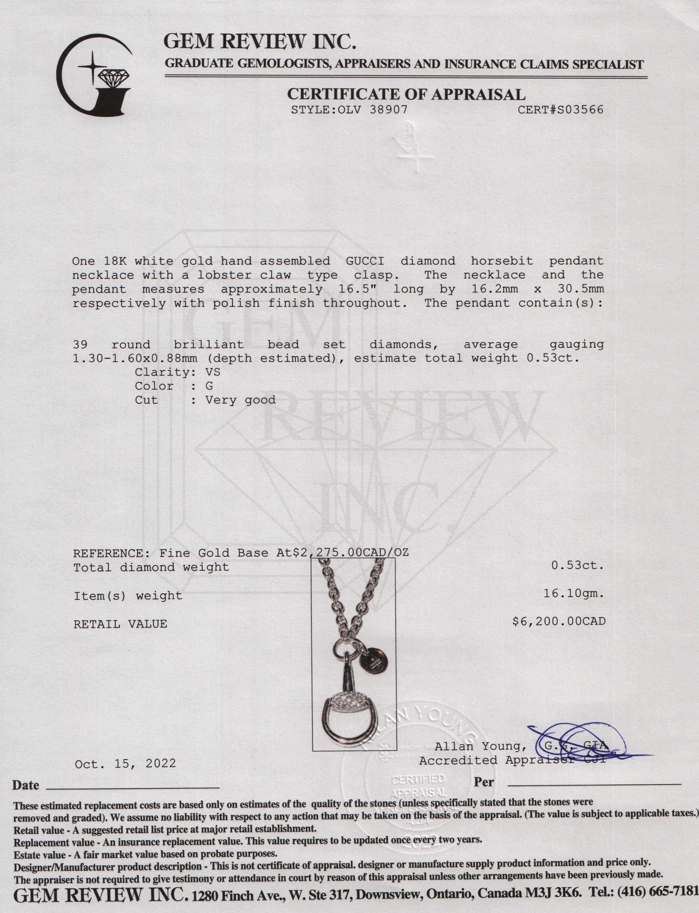 Gucci 18k White Gold Diamond Horsebit Pendant Necklace