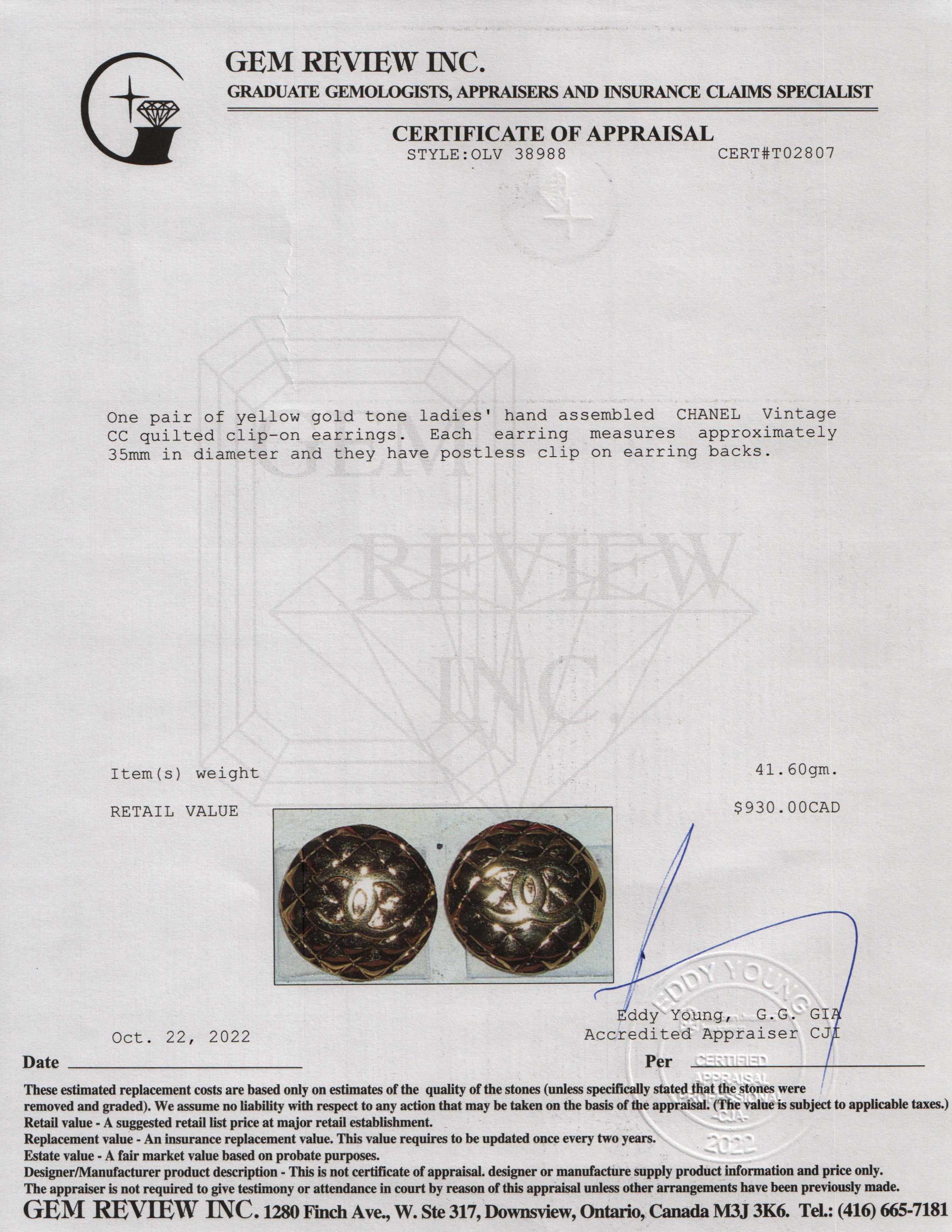 Chanel Vintage CC Quilted Clip-On Earrings w/ Box