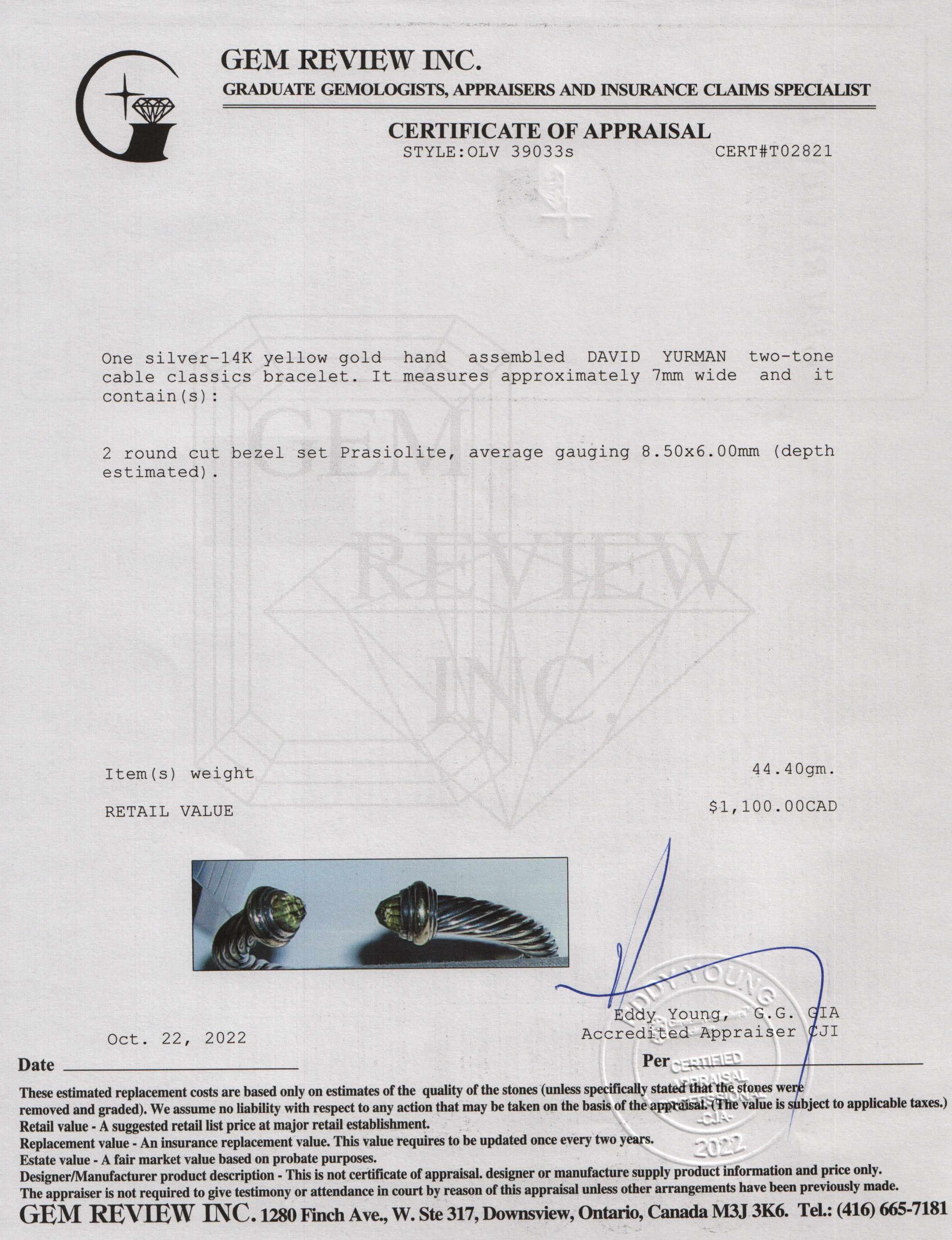 David Yurman Two-Tone Cable Classics Bracelet with Prasiolite