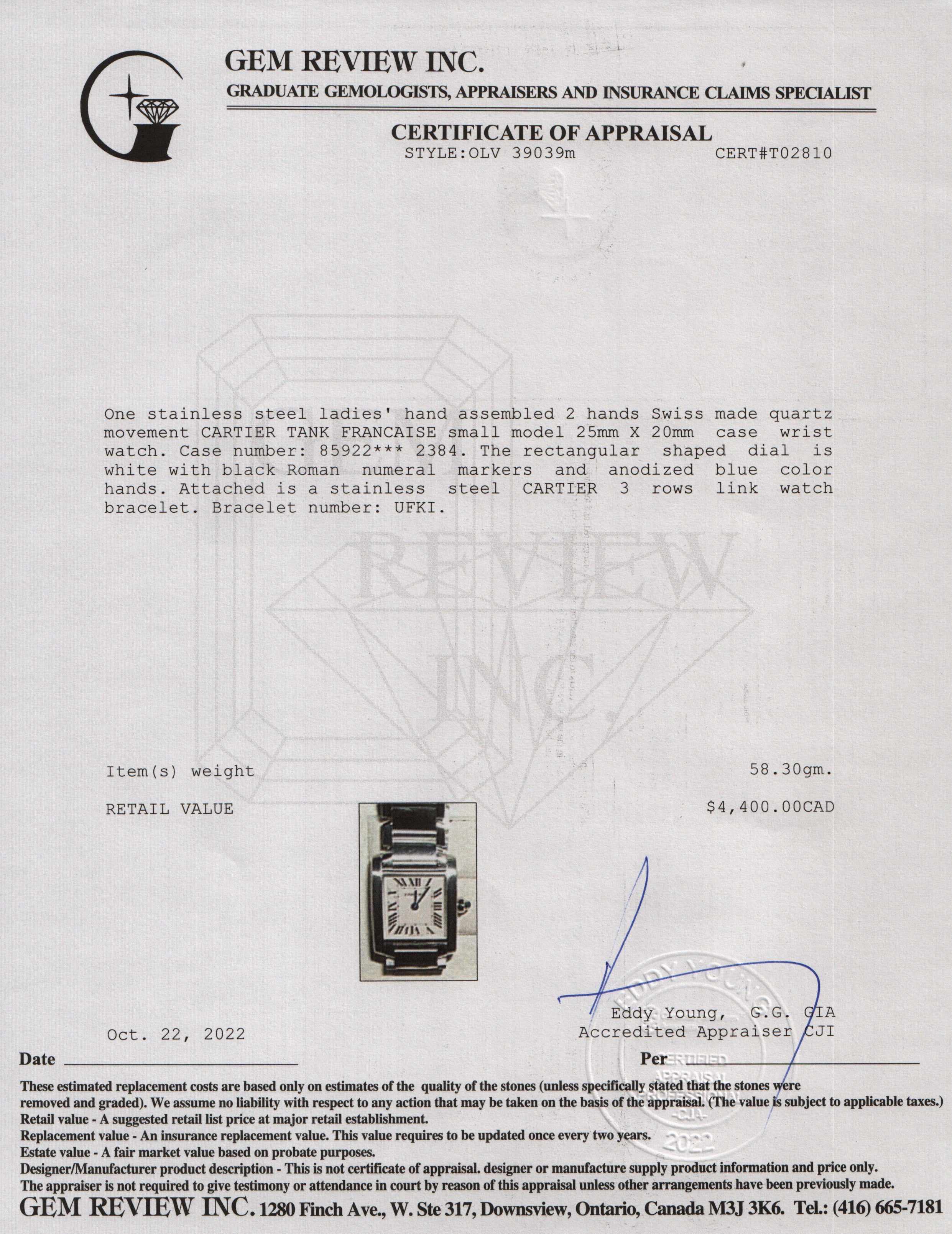 Cartier Tank Francaise Watch w/ Box & Papers