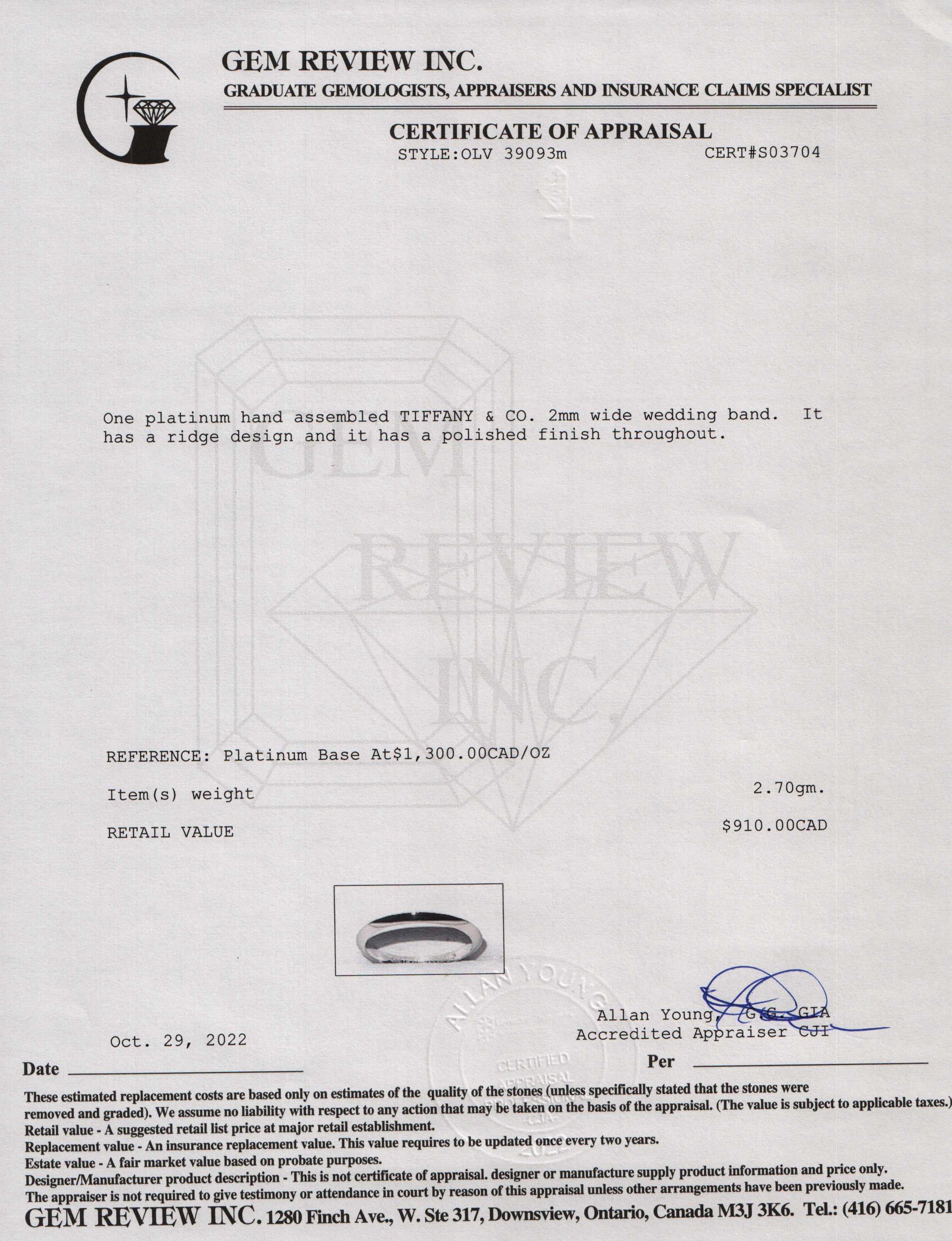 Tiffany & Co. Platinum Wedding Band Ring