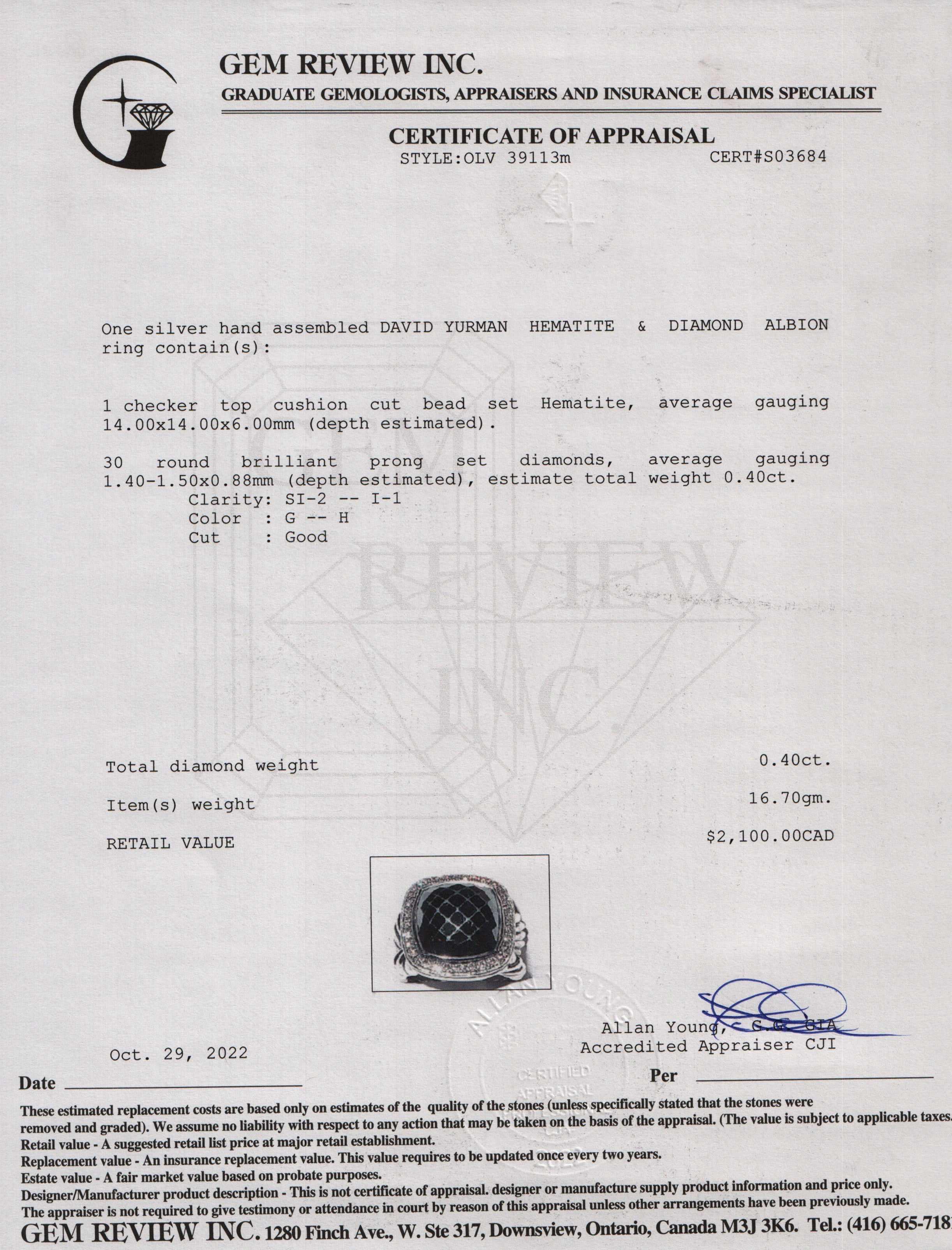 David Yurman Hematite & Diamond Albion Ring