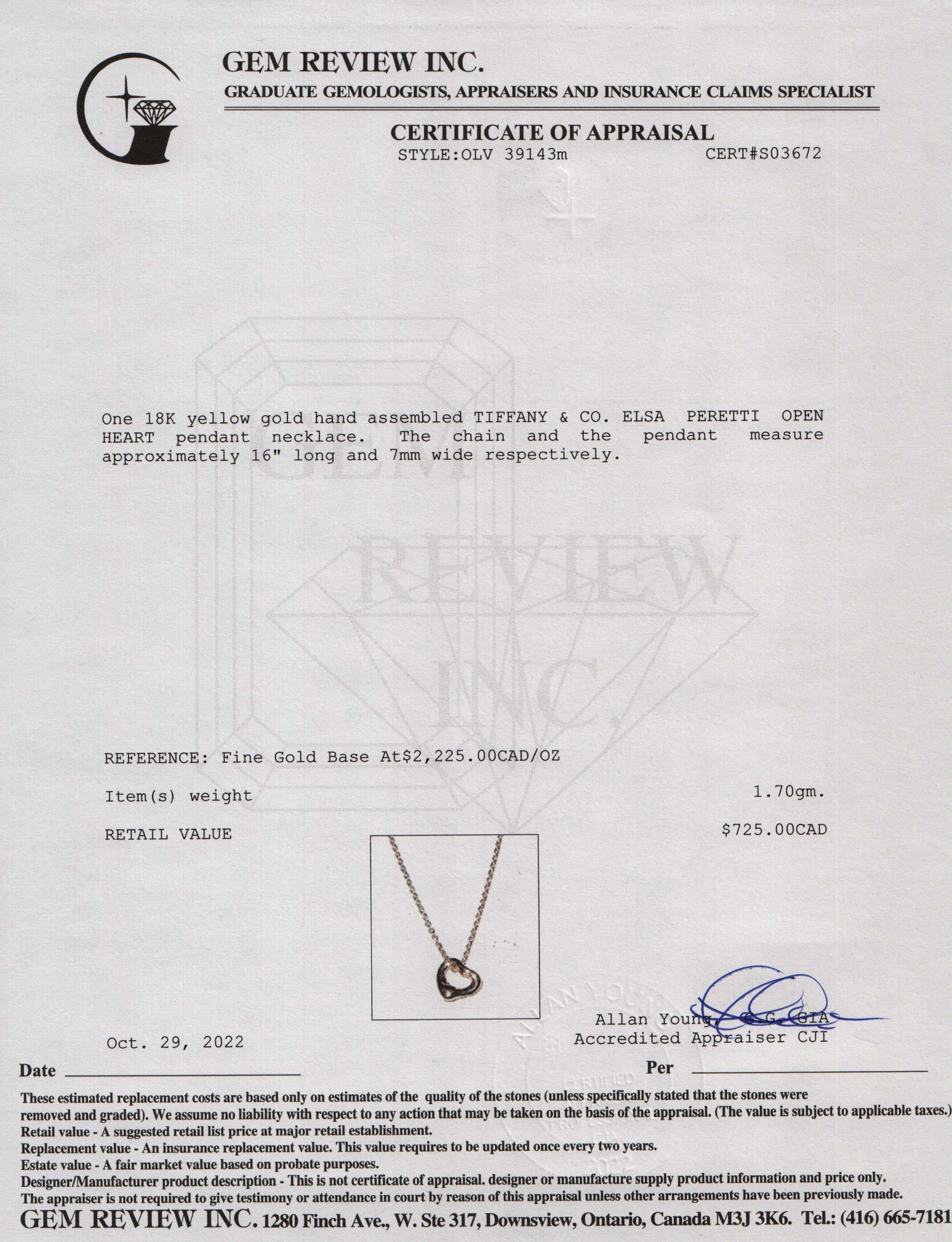 Tiffany & Co. 18k Gold Elsa Peretti Open Heart Pendant Necklace, 7mm