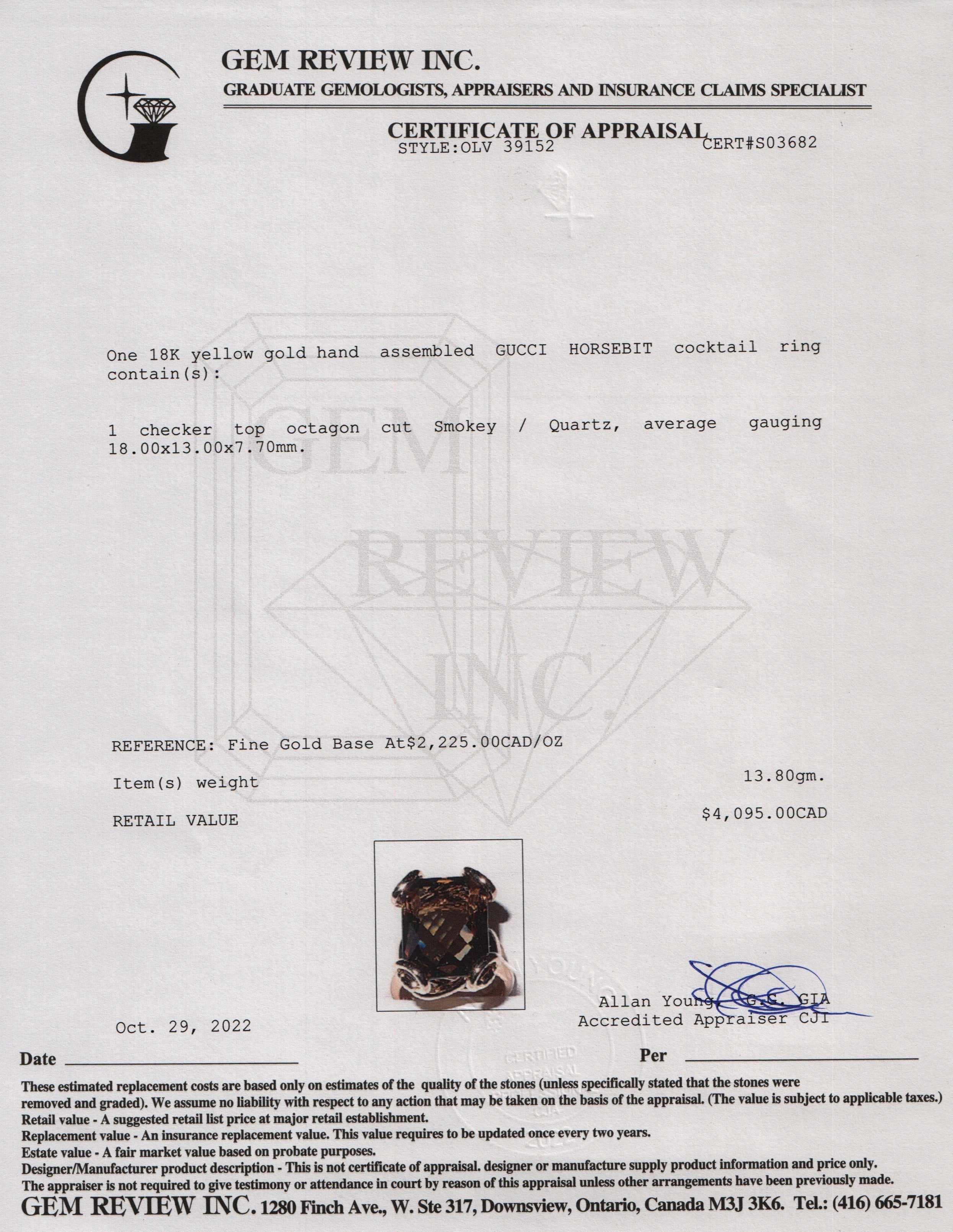 Gucci 18k Gold Smoky Quartz Horsebit Cocktail Ring