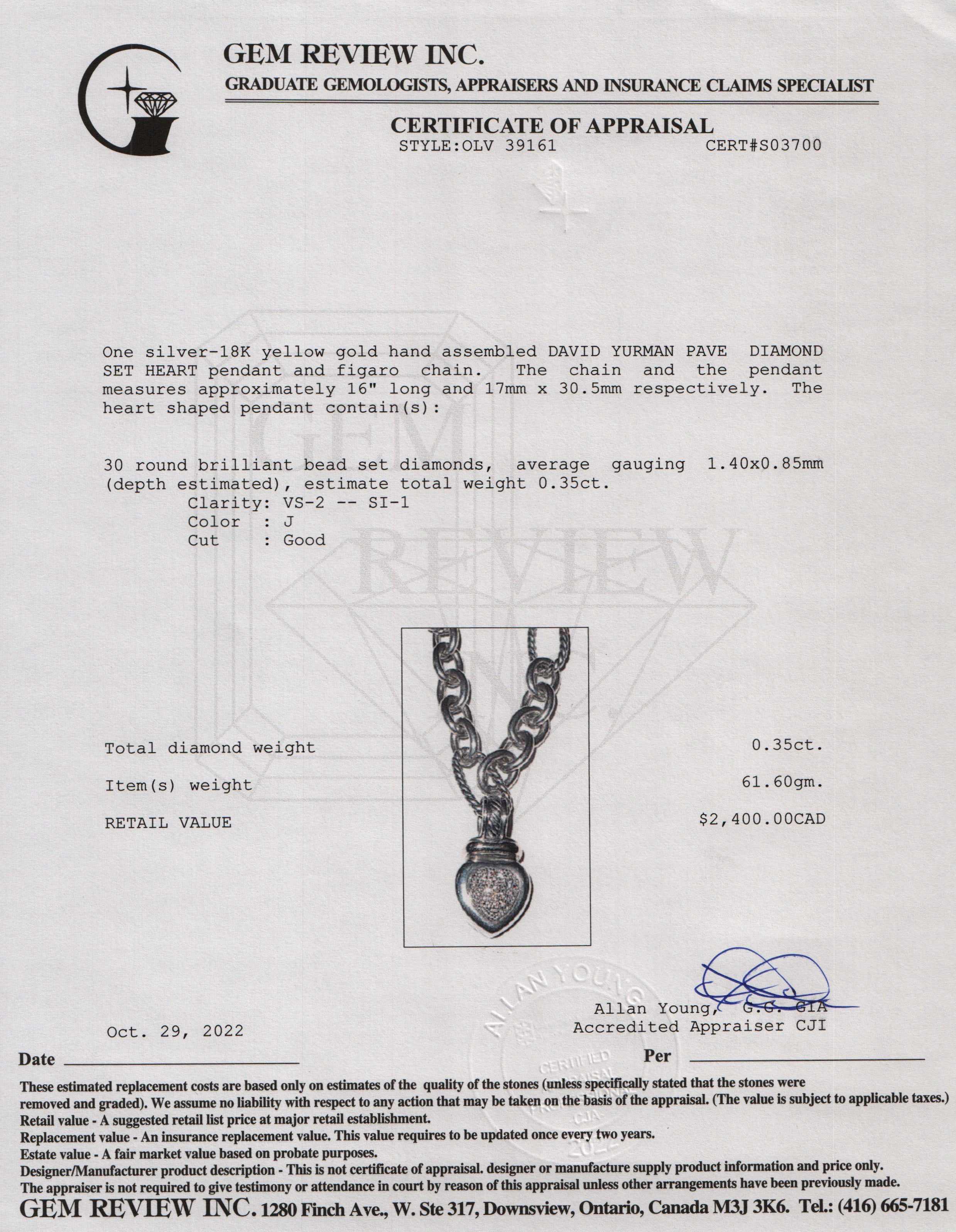 David Yurman Pave Diamond Heart Pendant Necklace
