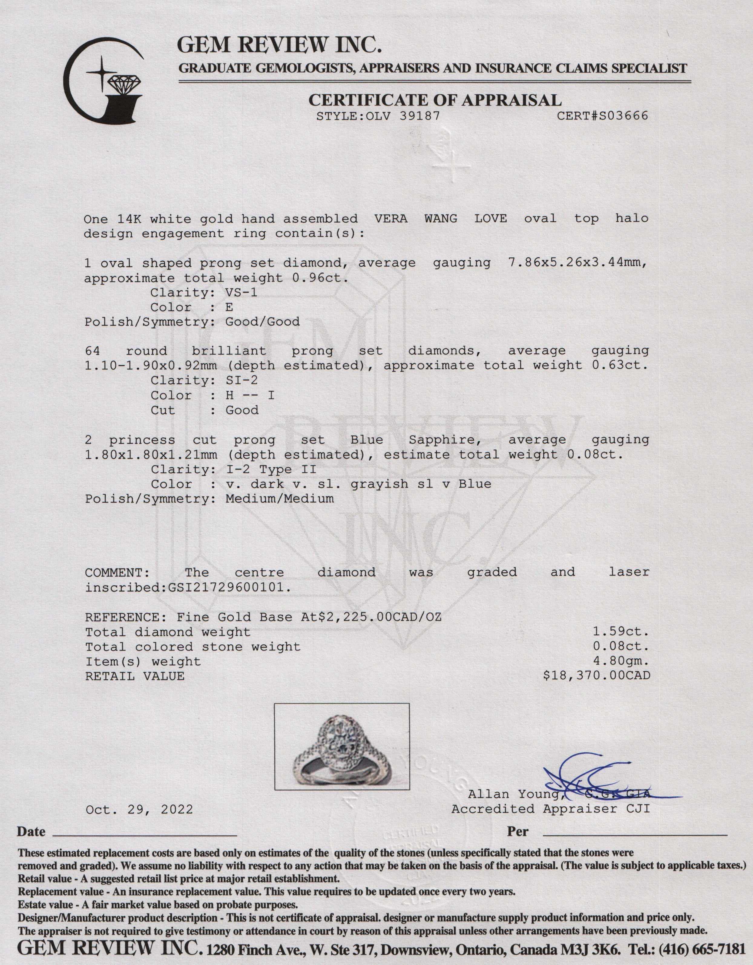 Vera Wang 0.96 ct. Oval Diamond Halo Design Engagement Ring w/ Box & Certificate