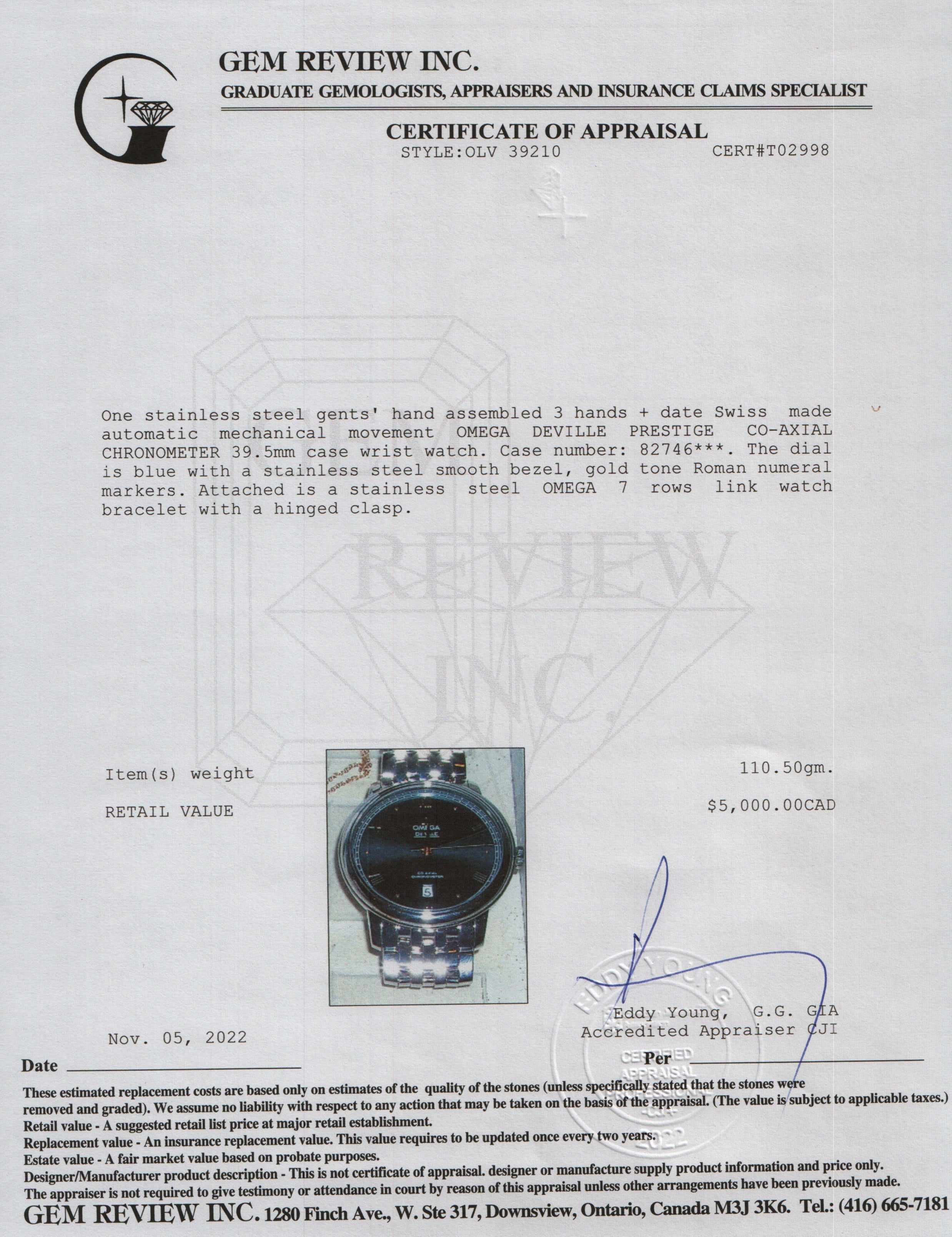 Omega De Ville Prestige Co-Axial Chronometer Watch w/ Box & Papers