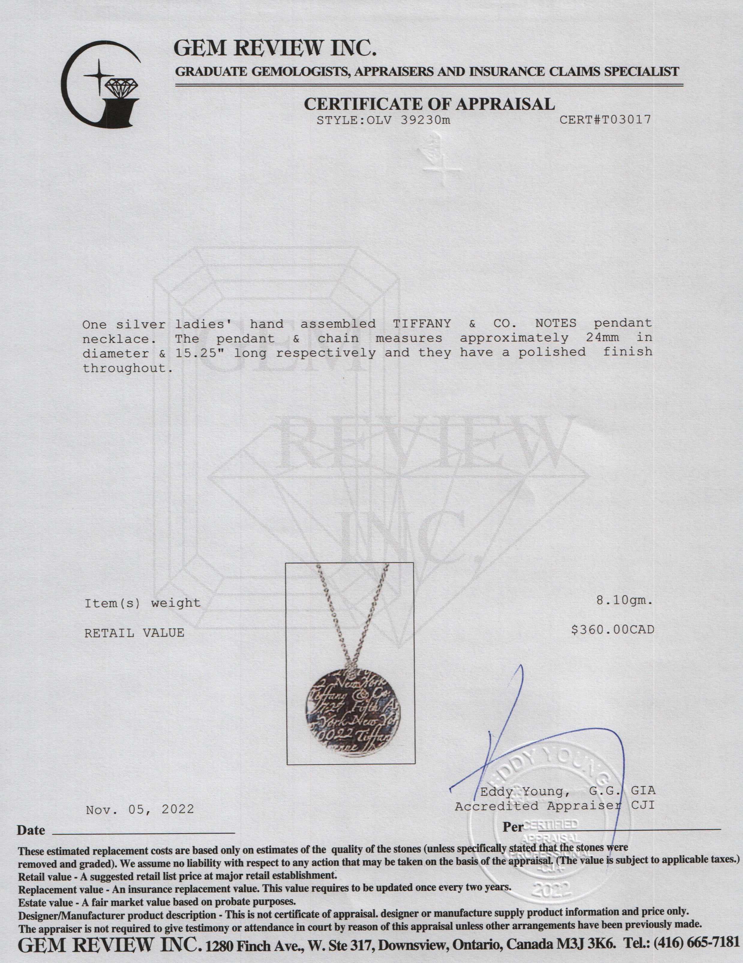 Tiffany & Co. Small Notes Round Pendant Necklace