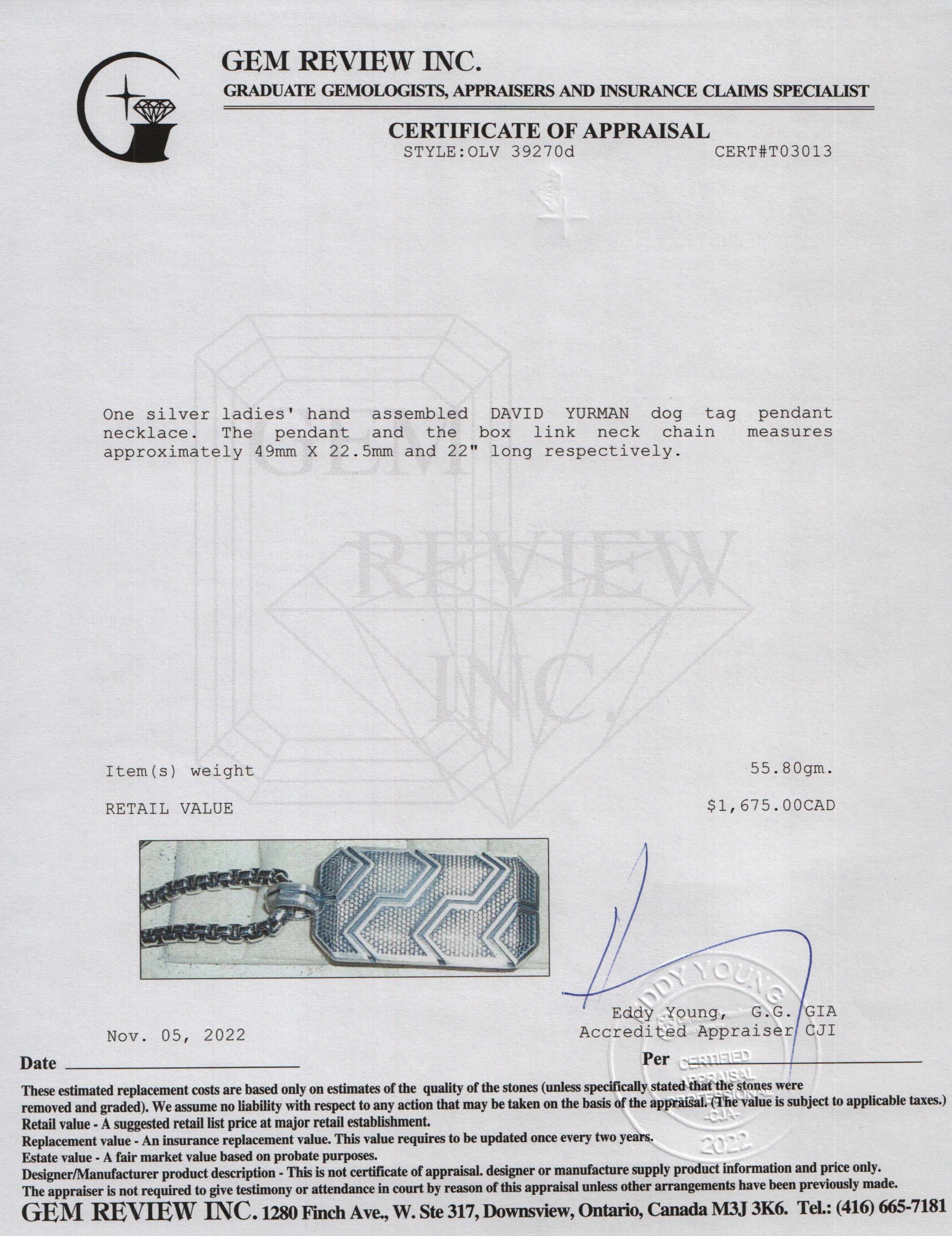 David Yurman Dog Tag Pendant Necklace