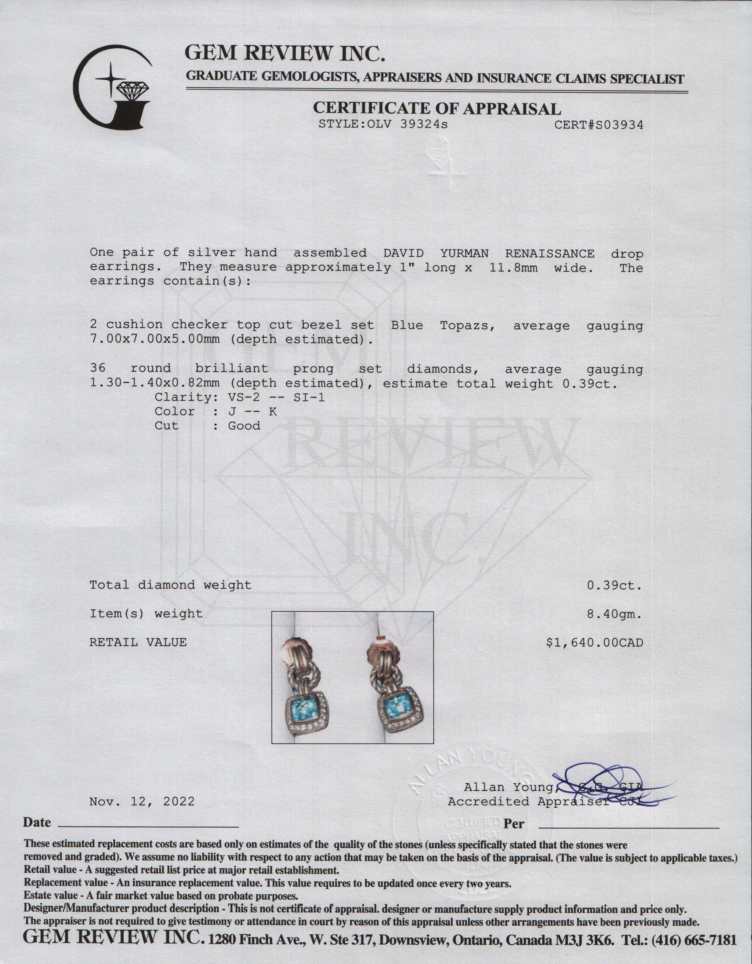 David Yurman Blue Topaz & Diamond Renaissance Drop Earrings