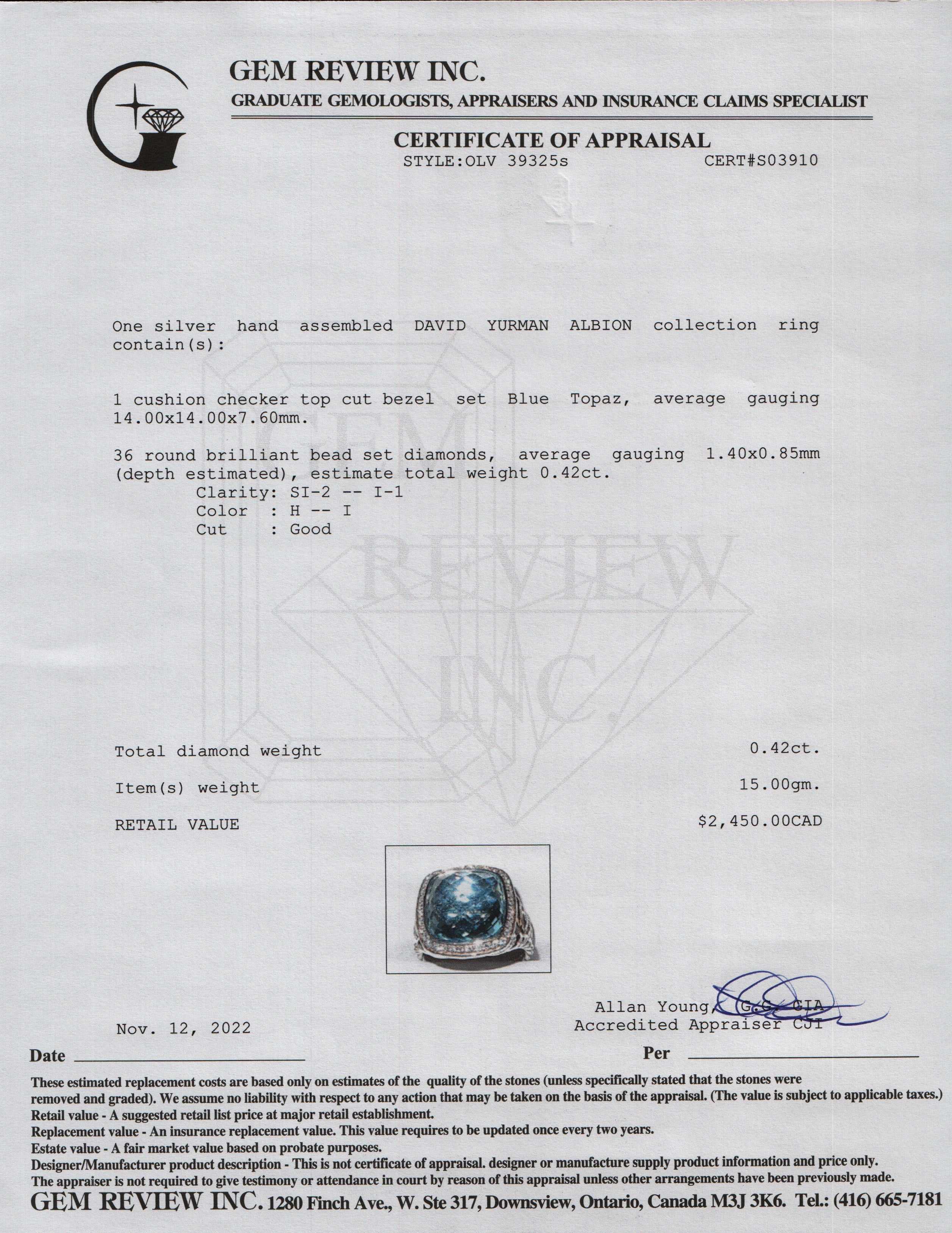 David Yurman Albion Ring with Blue Topaz and Diamonds