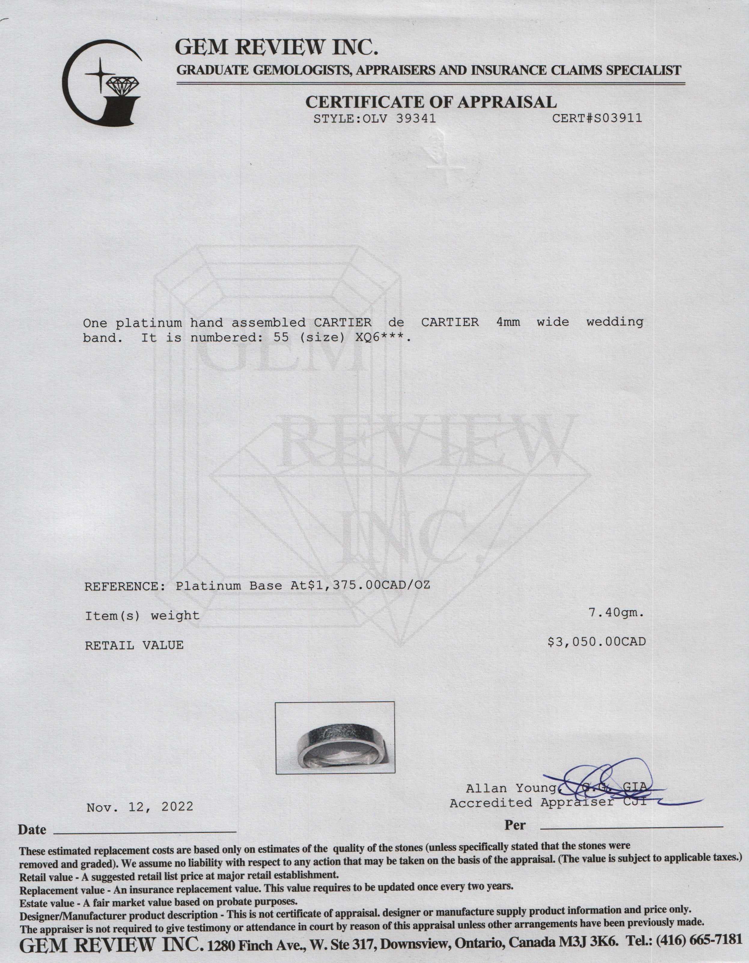 Cartier Platinum C de Cartier Wedding Band Ring