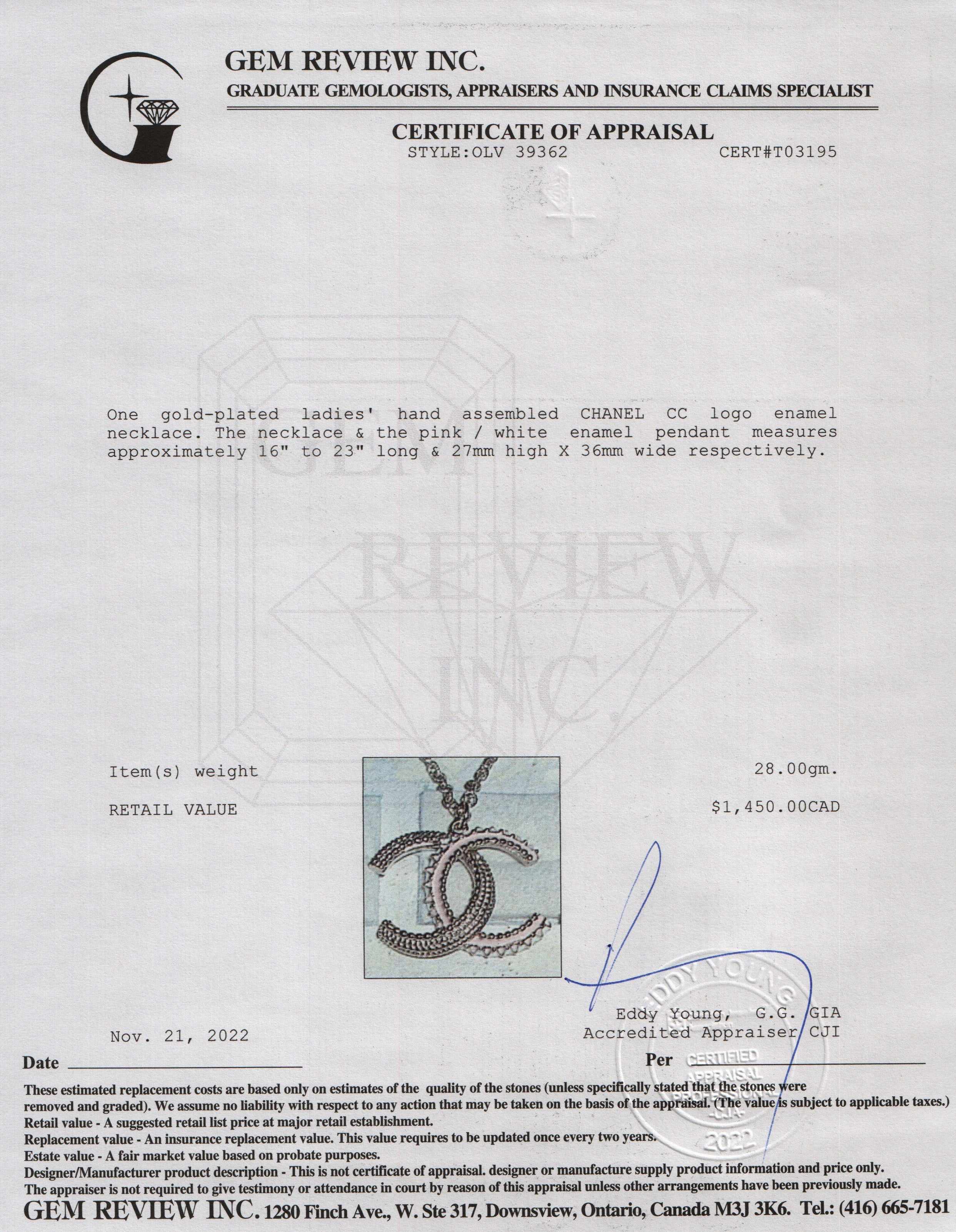 Chanel CC Enamel Pendant Necklace w/ Box