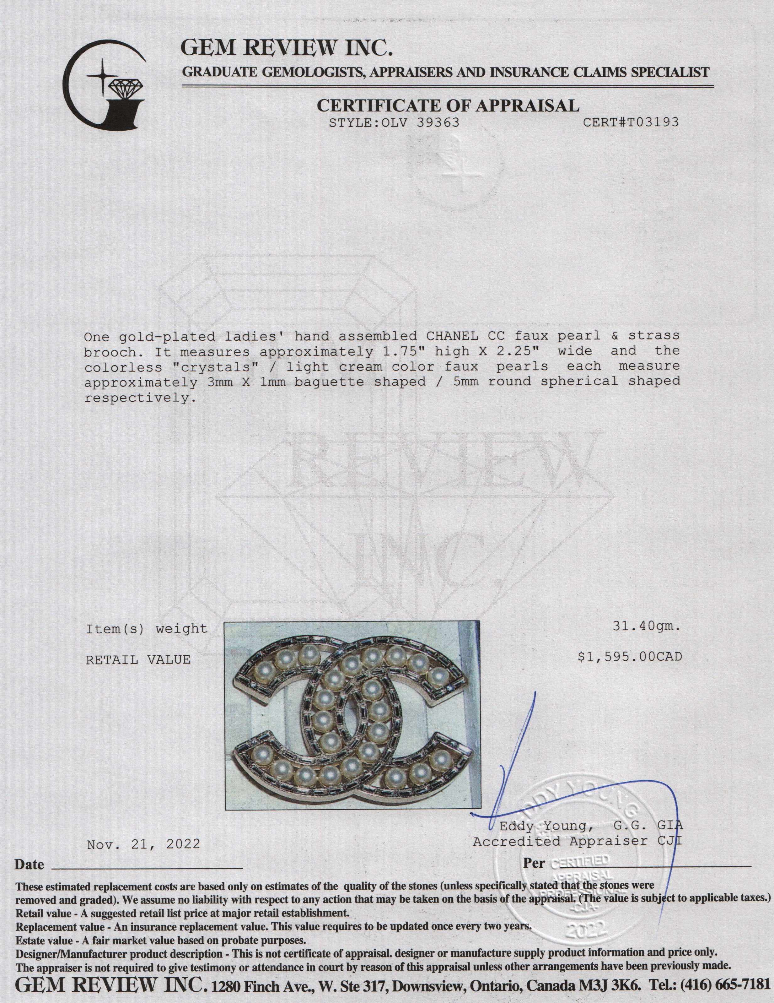 Chanel Faux Pearl & Strass CC Brooch w/ Box