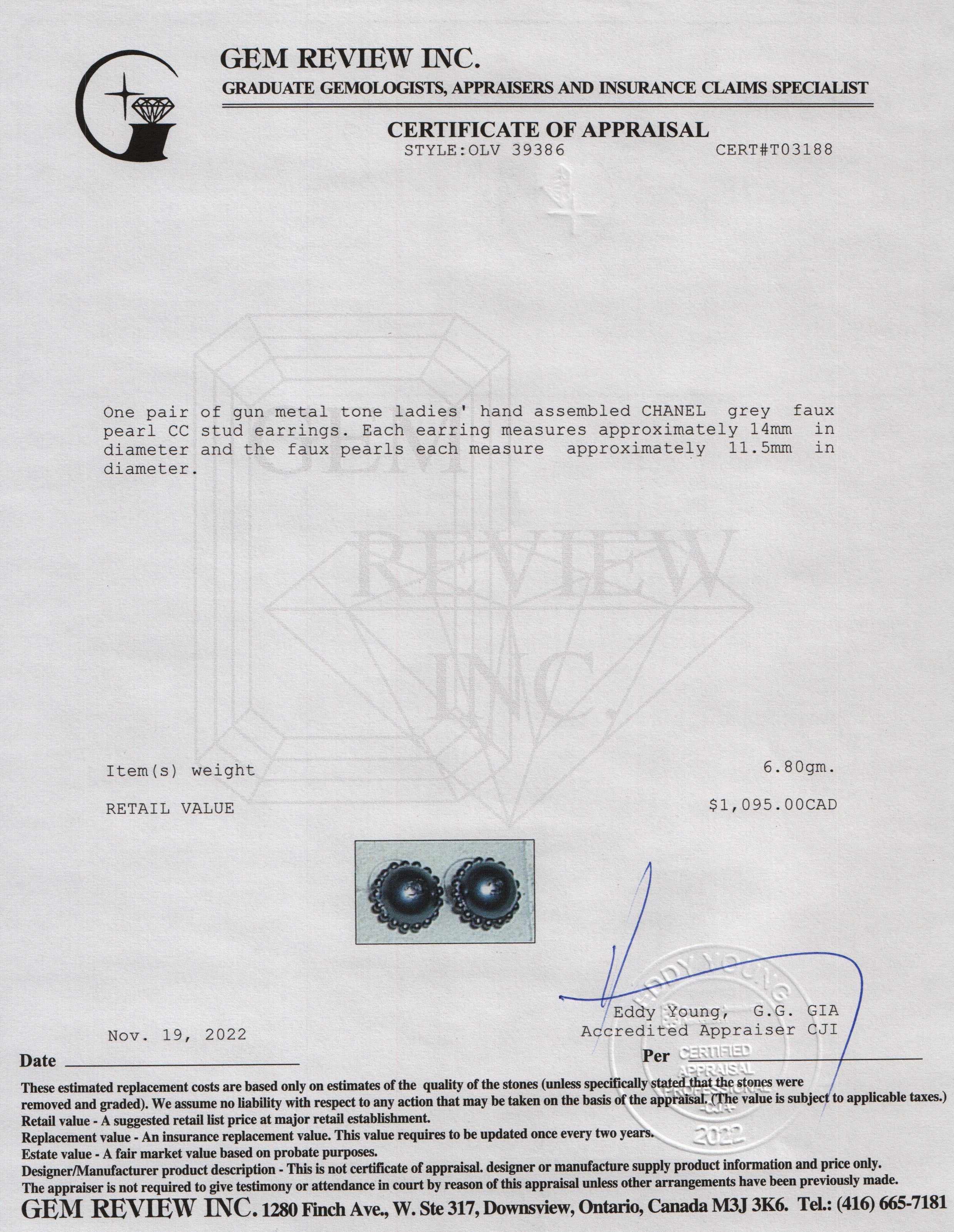 Chanel Grey Faux Pearl CC Stud Earrings w/ Box