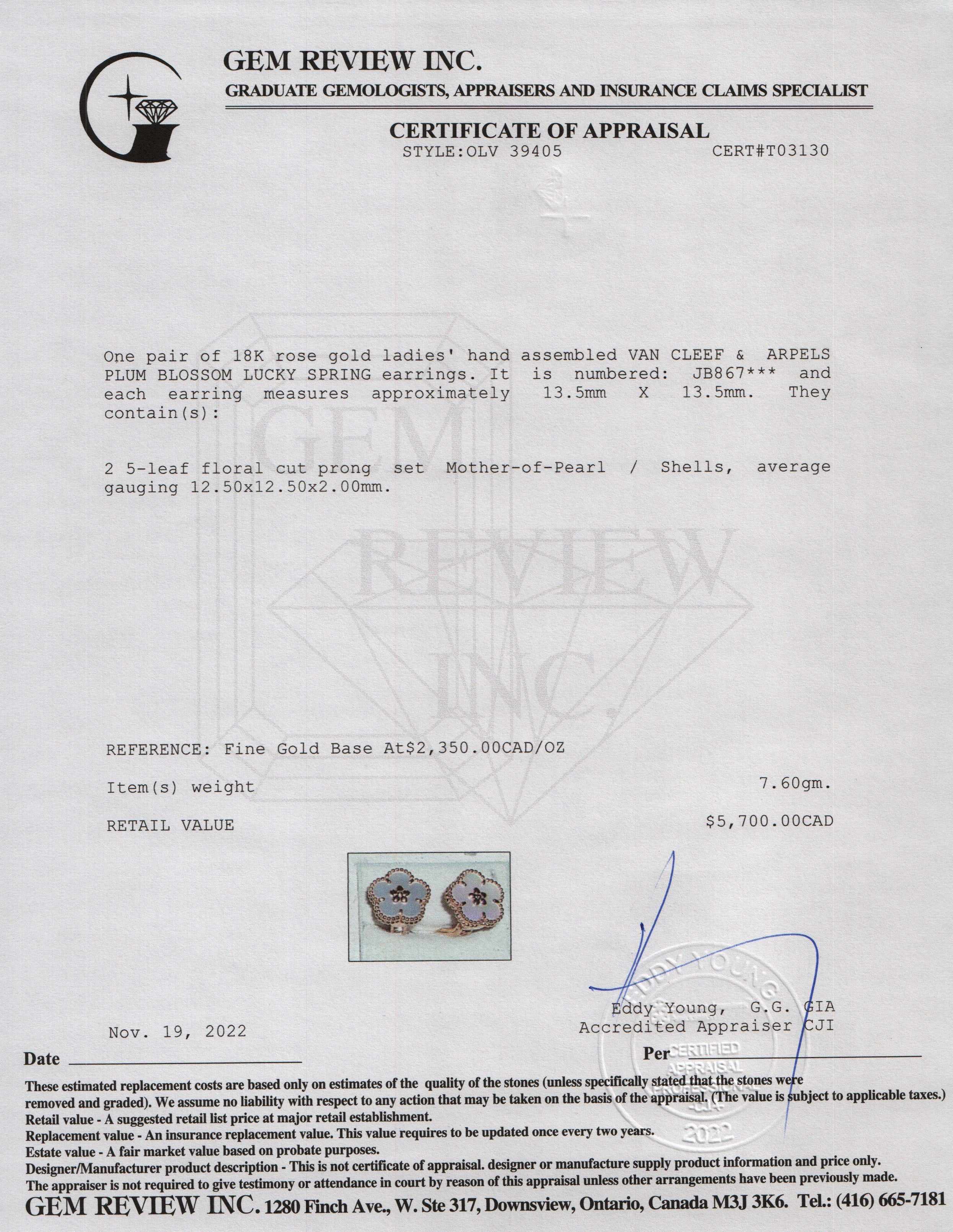 Van Cleef & Arpels 18k Rose Gold Plum Blossom Lucky Spring Earrings with Mother of Pearl