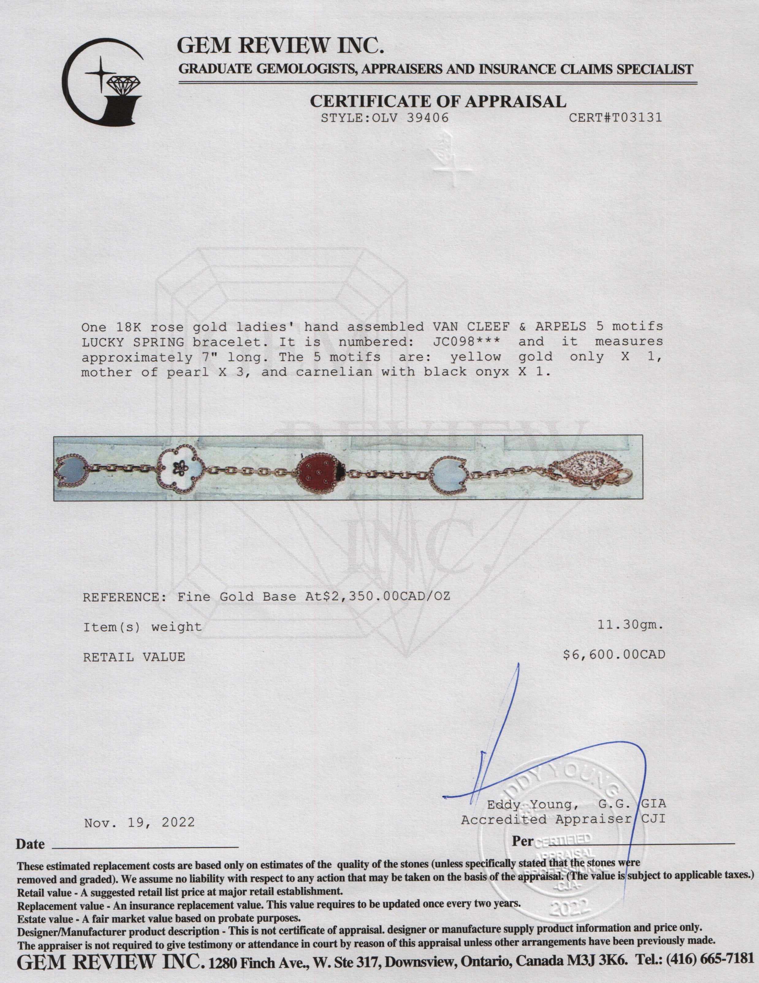 Van Cleef & Arpels 18k Rose Gold 5 Motifs Lucky Spring Bracelet w/ Certificate