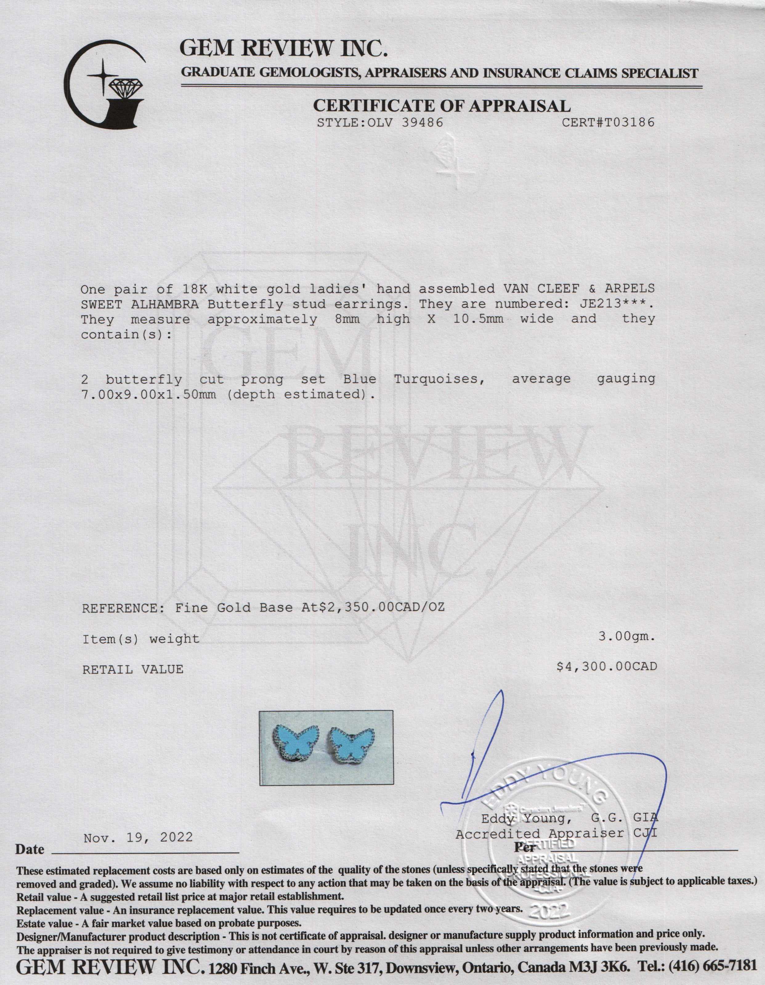 Van Cleef & Arpels 18k White Gold Sweet Alhambra Butterfly Stud Earrings w/ Box & Certificate