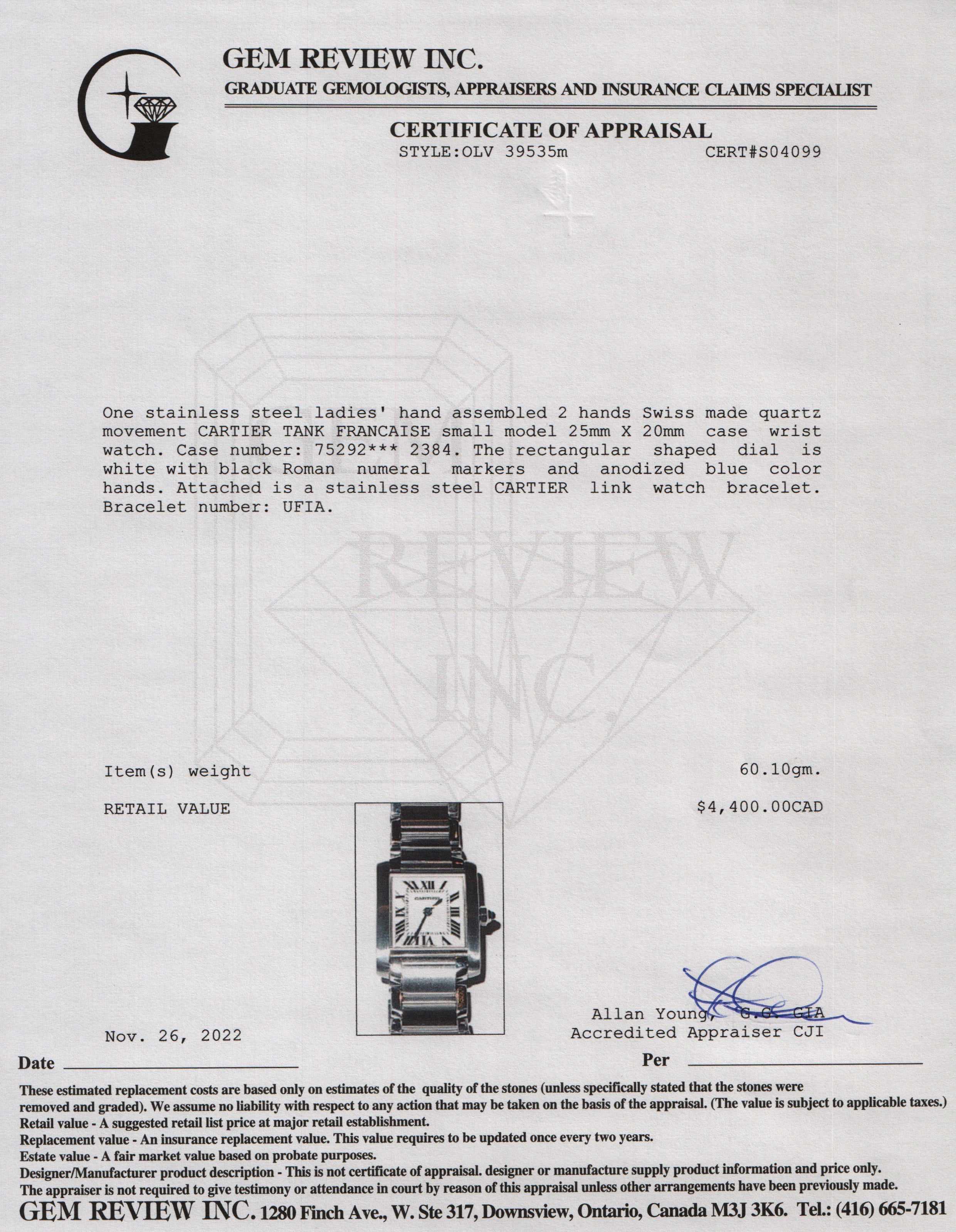 Cartier Tank Francaise Watch w/ Box