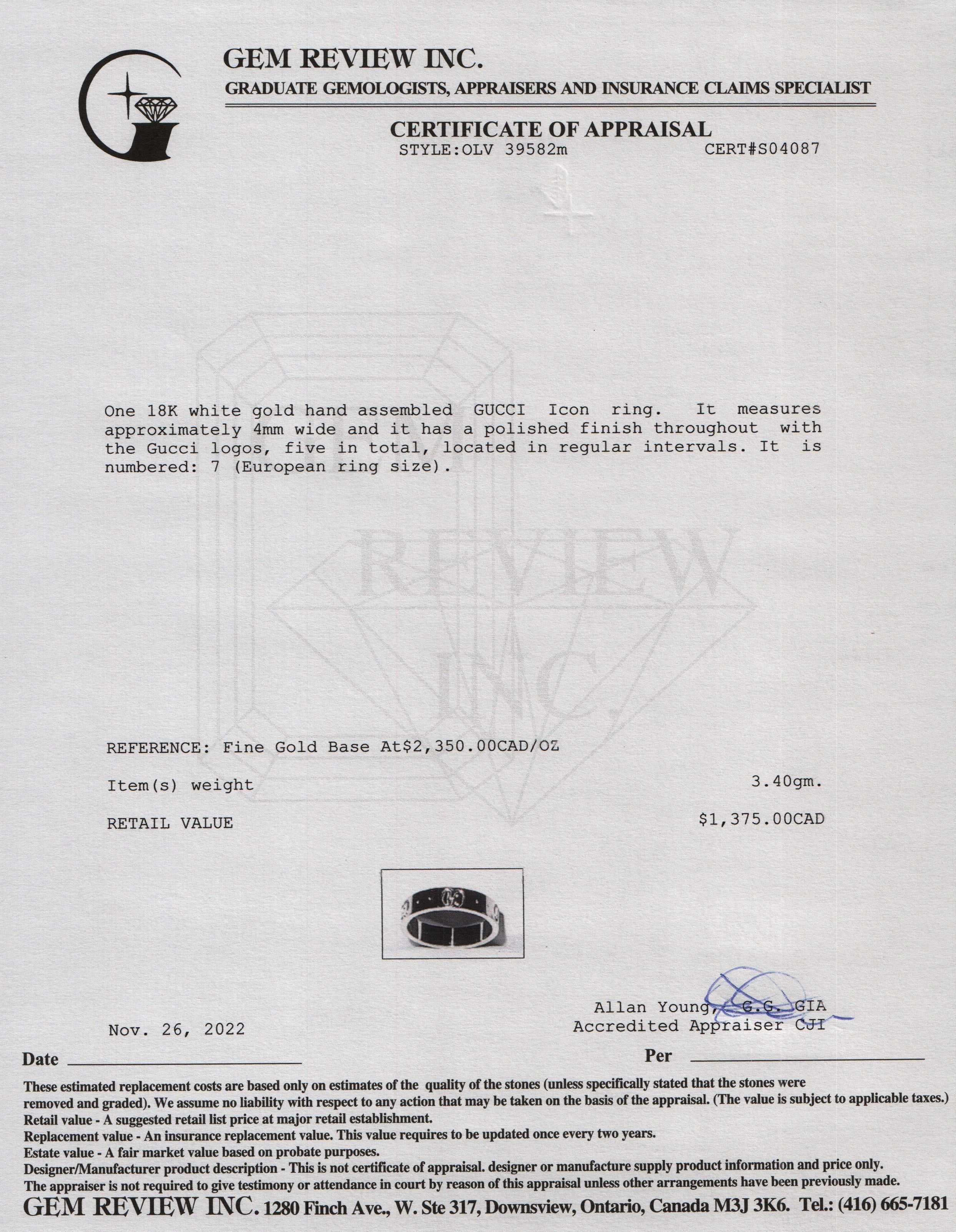 Gucci 18k White Gold Icon Thin Band Ring w/ Box