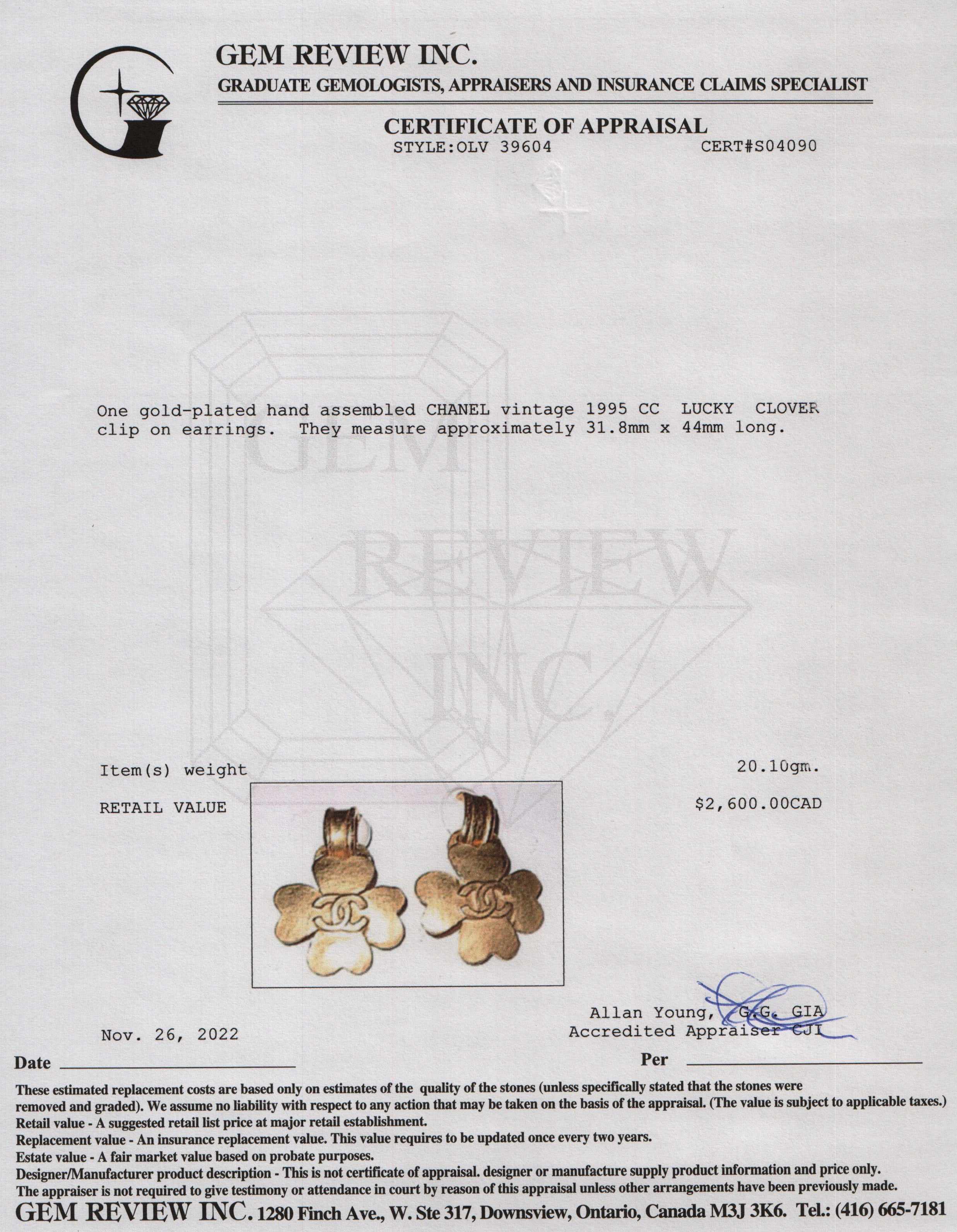 Chanel Vintage 1995 CC Lucky Clover Clip-On Earrings