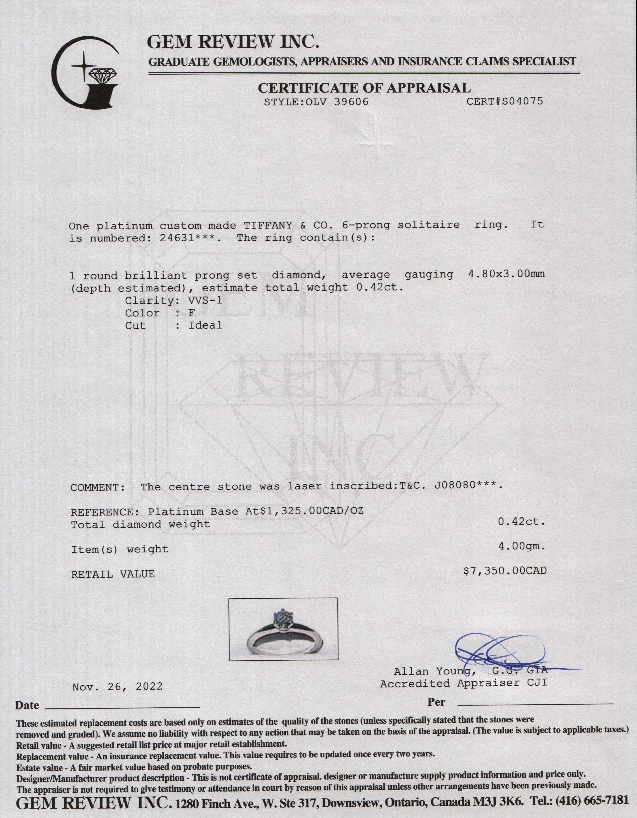 Tiffany & Co. Solitaire 0.42 ct. Diamond Engagement Ring