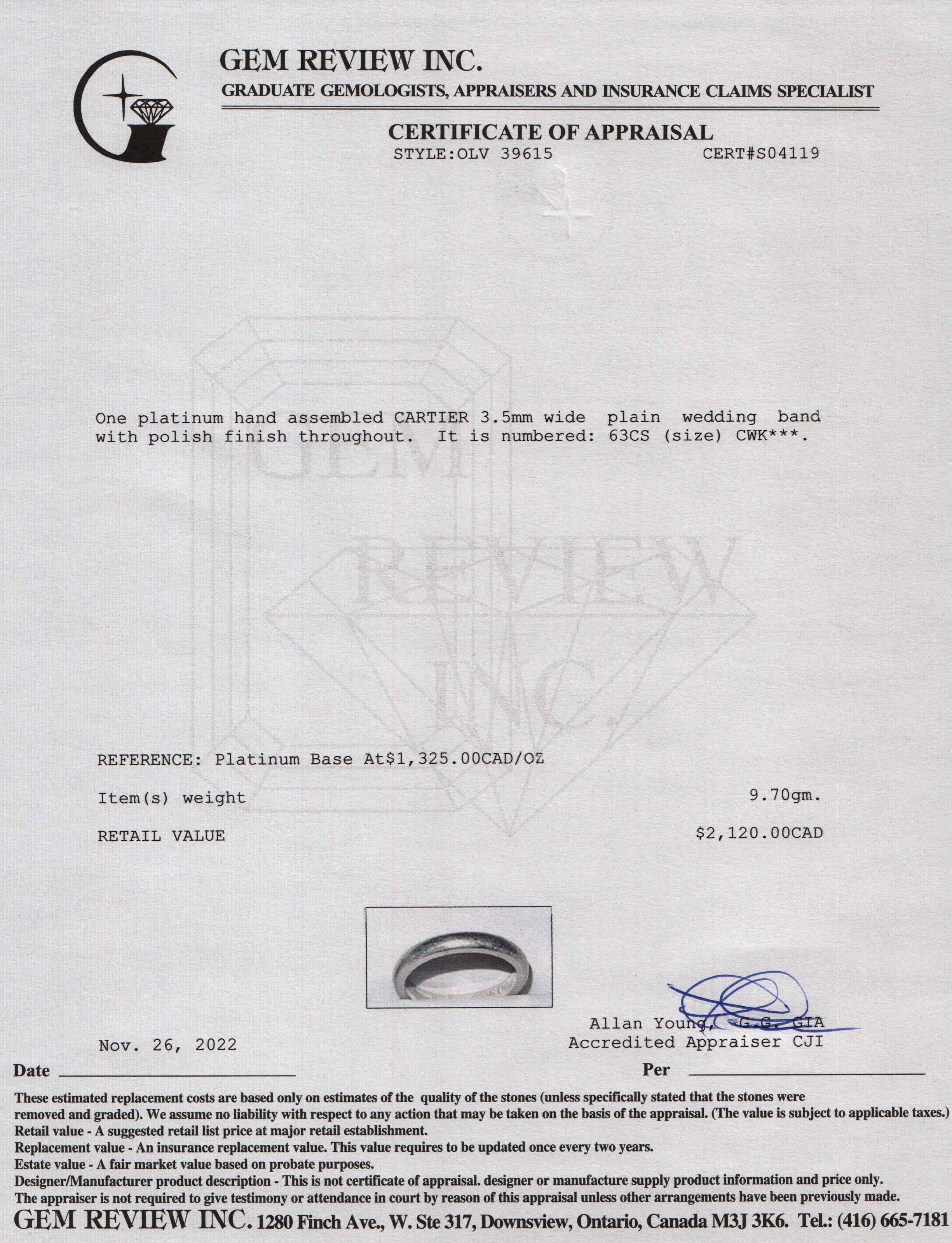 Cartier Platinum Wedding Band w/ Certificate