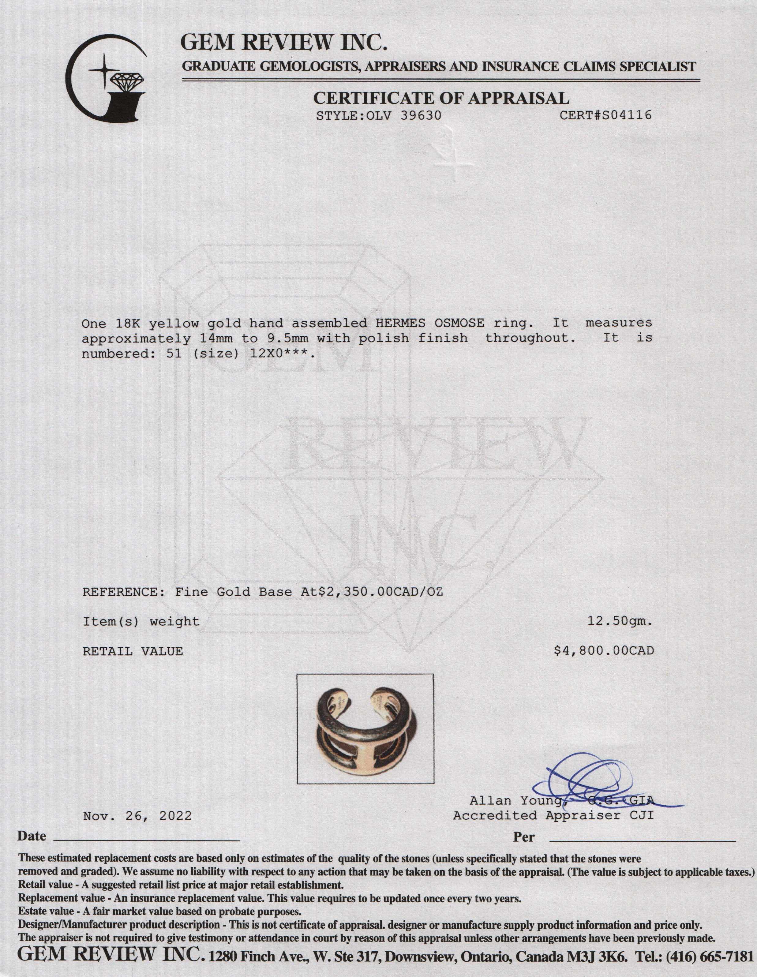 Hermes 18k Yellow Gold Osmose Ring