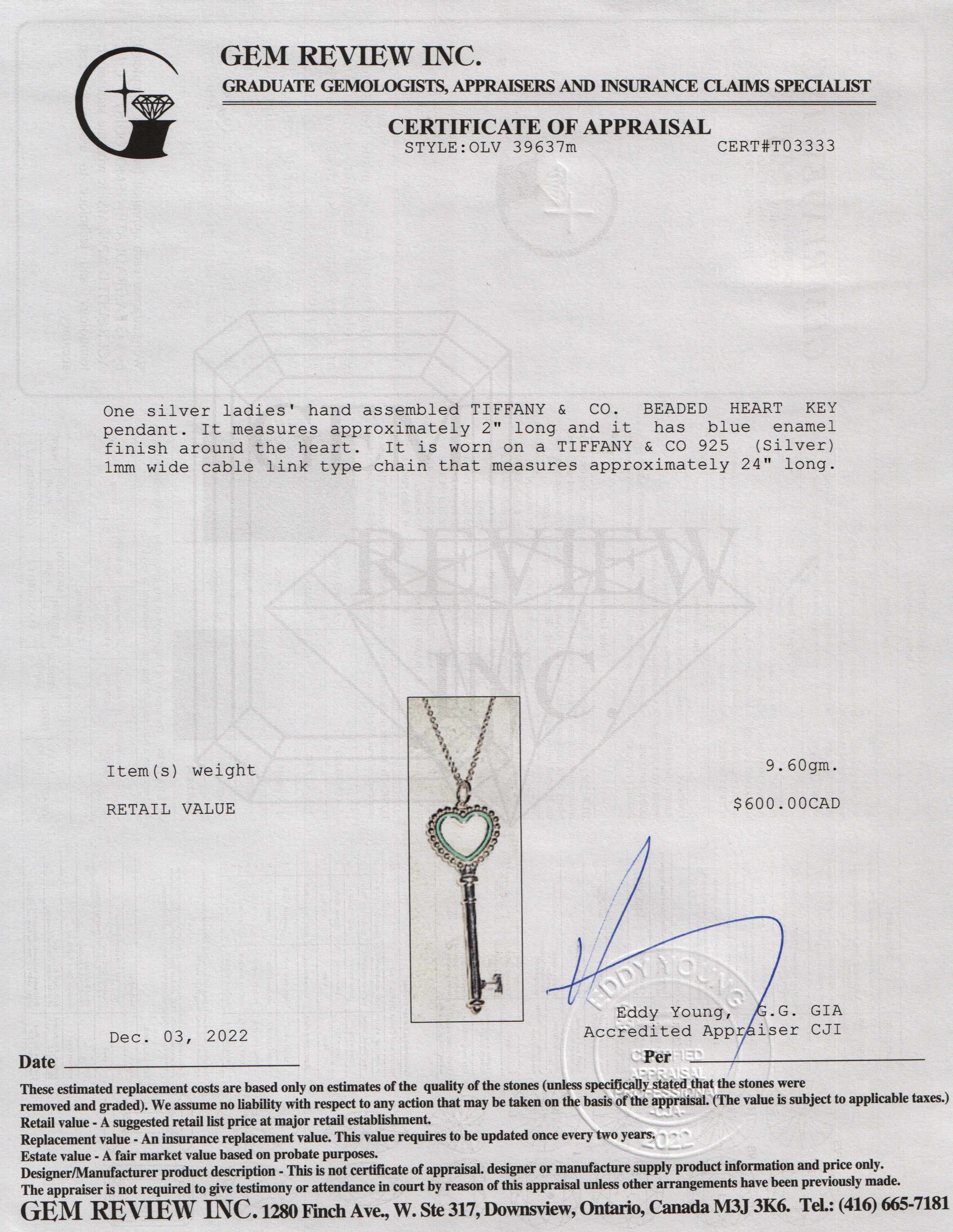 Tiffany & Co. Large Beaded Heart Key Pendant Necklace with Blue Enamel