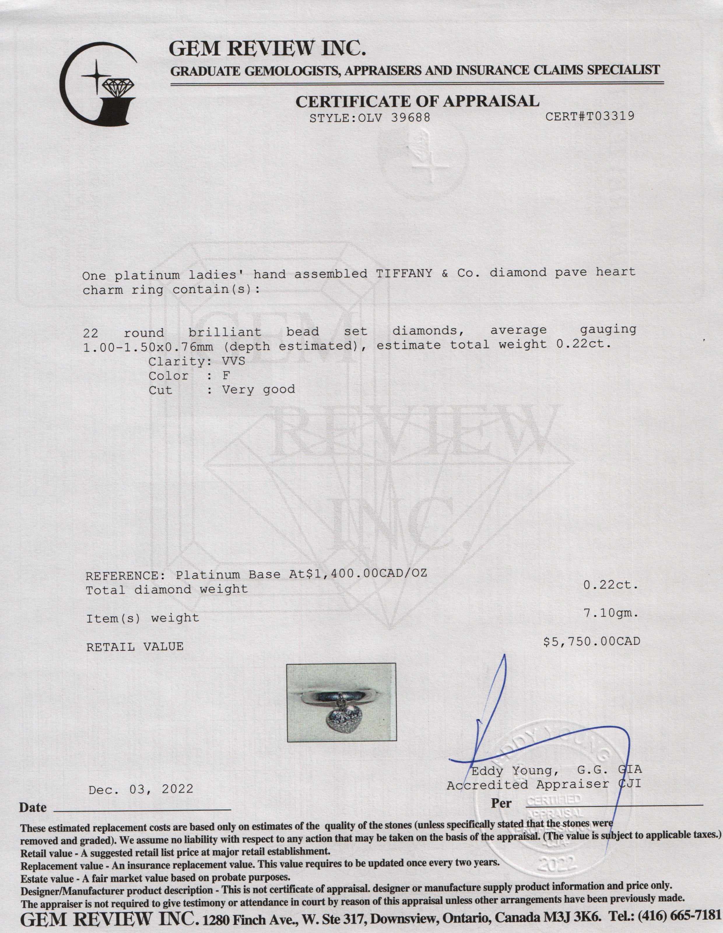 Tiffany & Co. Platinum Diamond Pave Heart Charm Ring