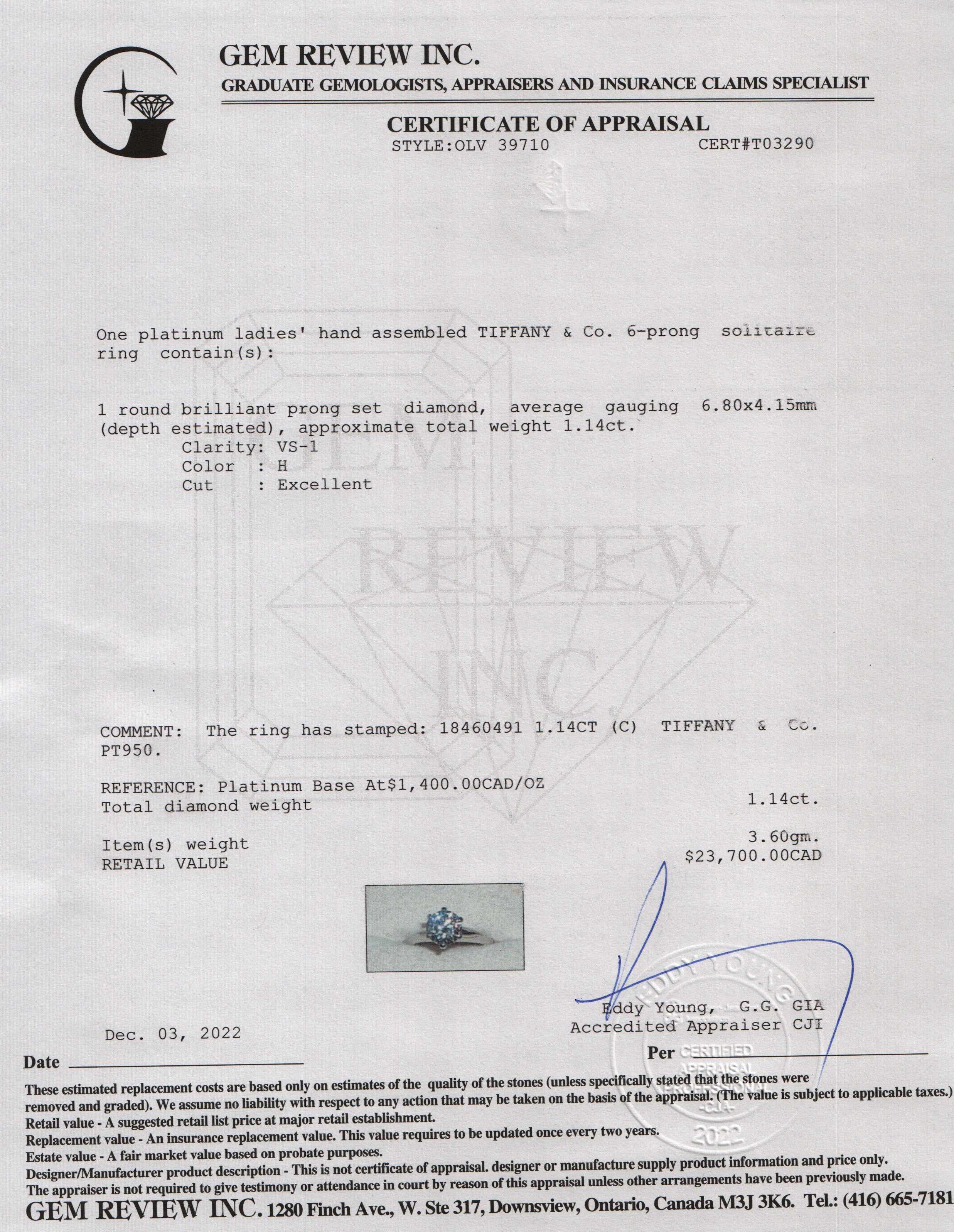 Tiffany & Co. Solitaire 1.14 ct. Diamond Engagement Ring