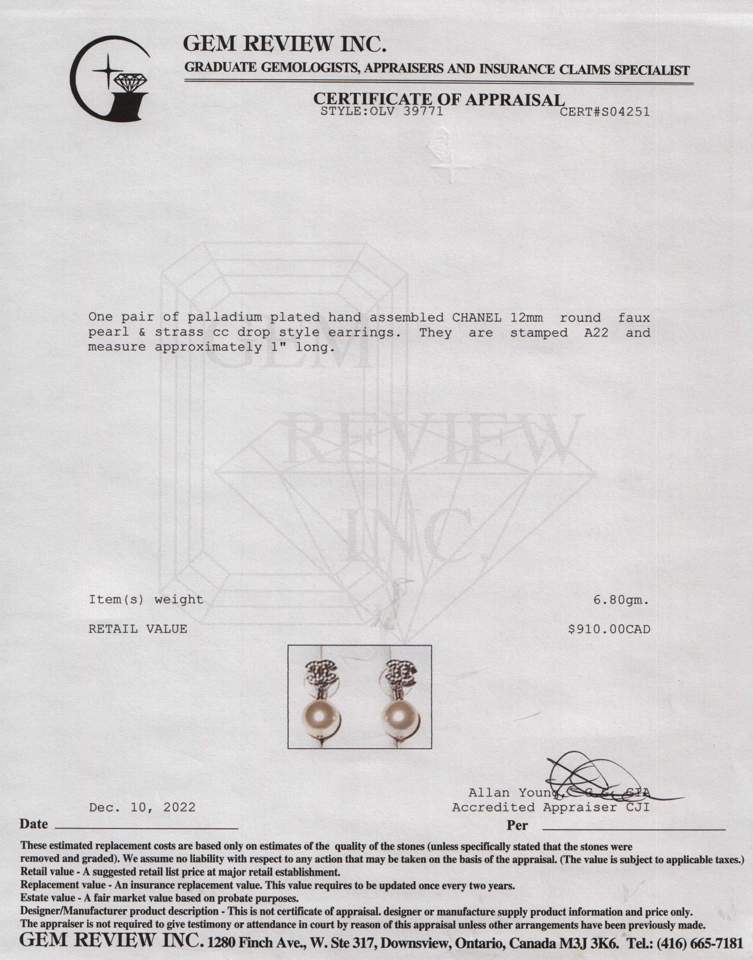 Chanel 2022 Faux Pearl & Strass CC Drop Earrings w/ Box