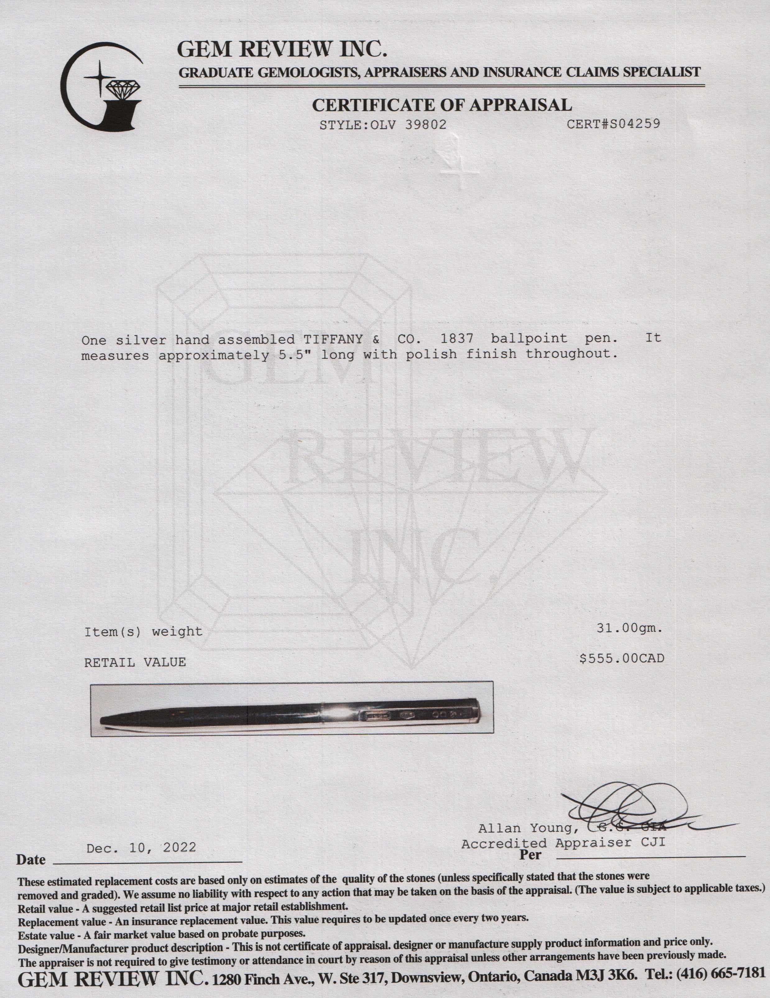Tiffany & Co. Sterling Silver 1837 Ballpoint Pen