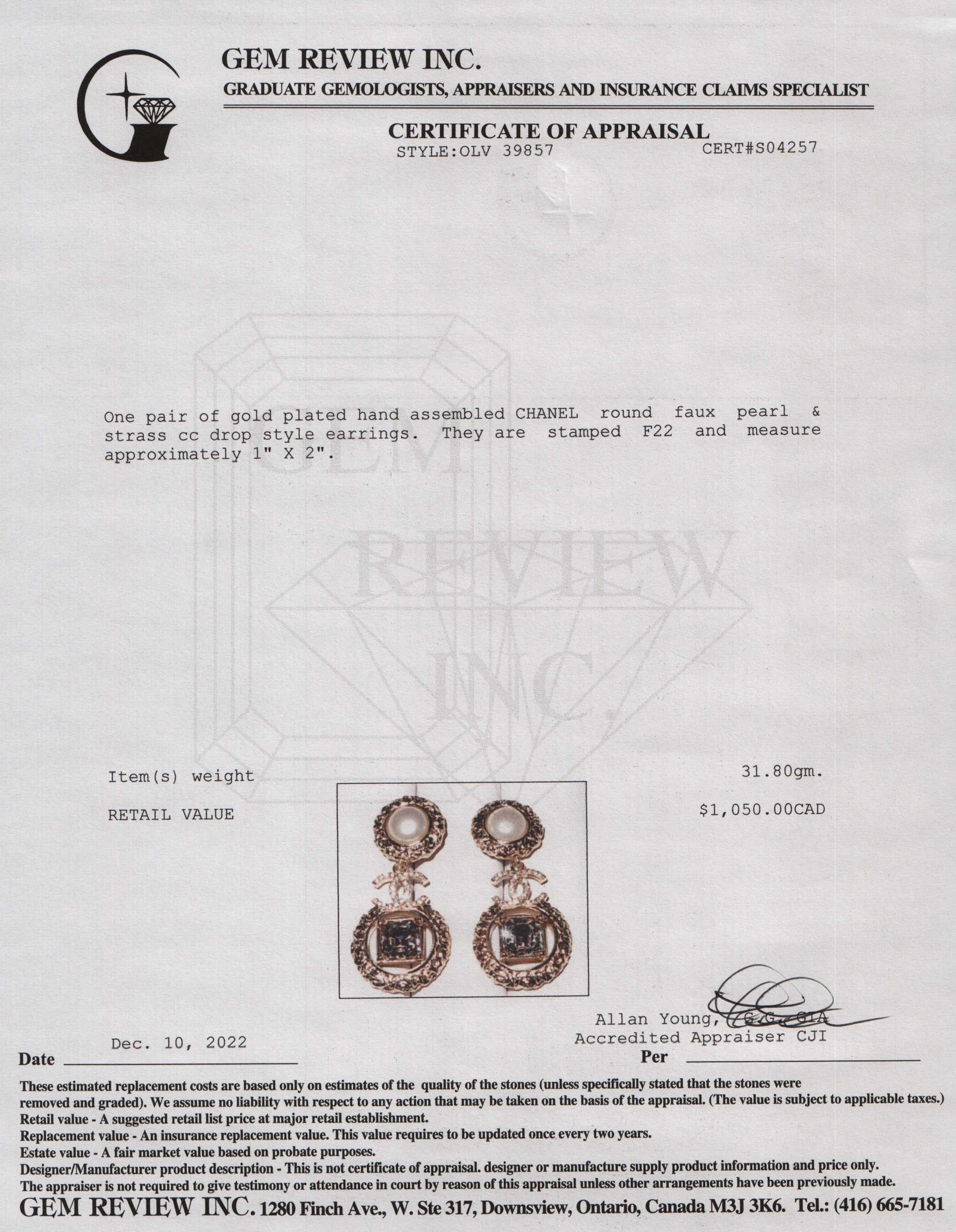 Chanel 2022 Faux Pearl & Strass CC Drop Earrings w/ Box