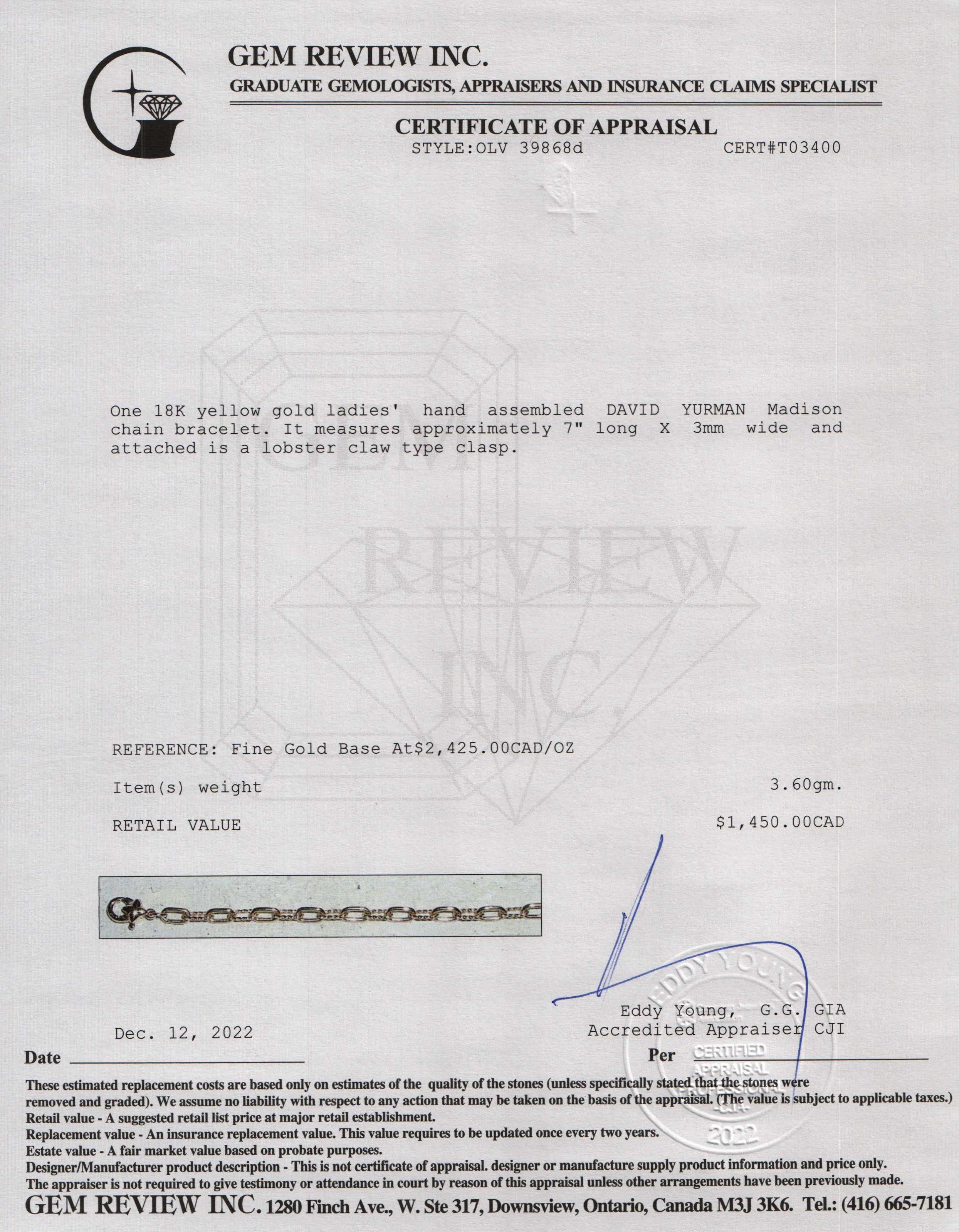 David Yurman 18k Yellow Gold Madison Chain Bracelet, 3MM