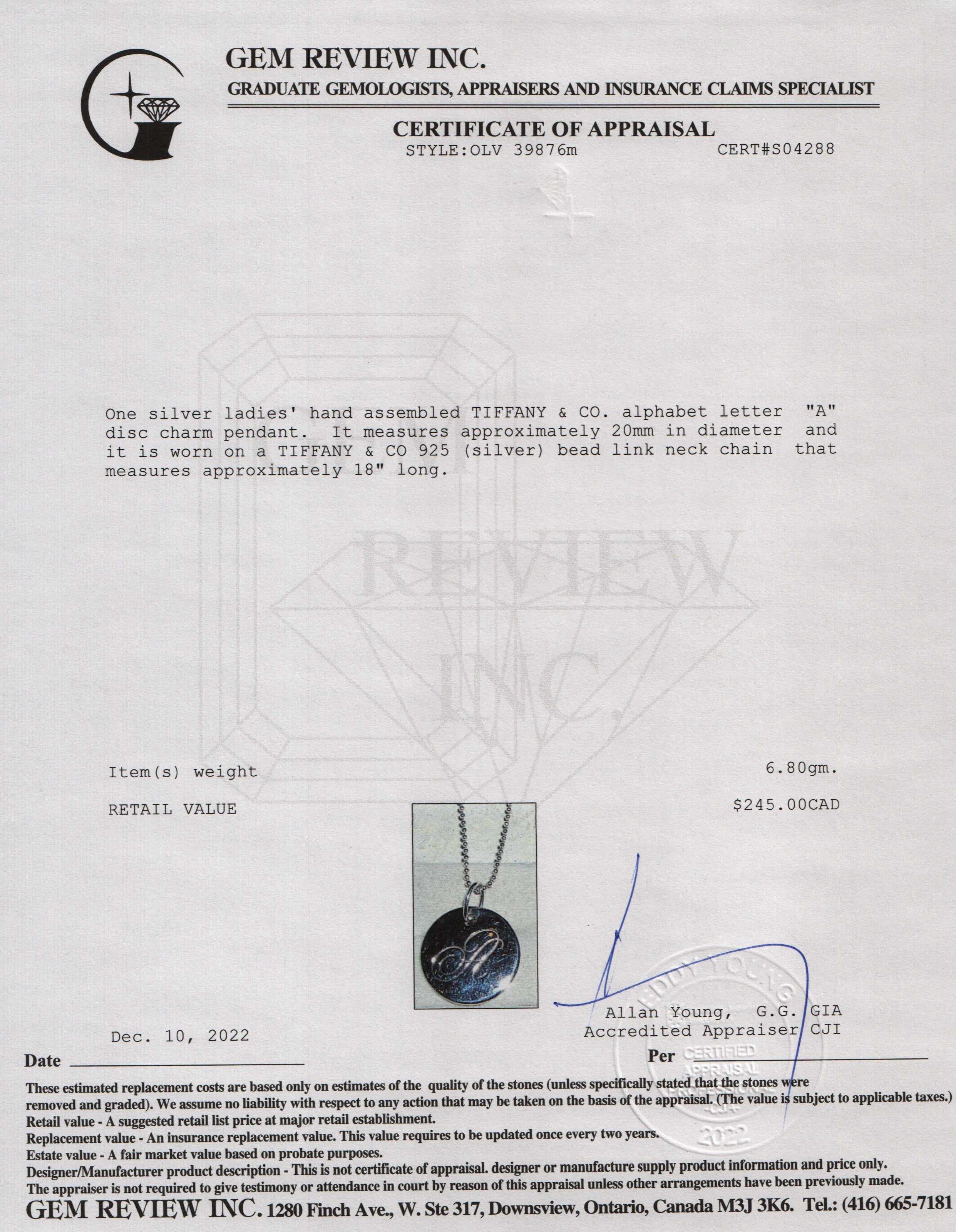 Tiffany & Co. Notes Letter 'A' Large Disc Charm Pendant Necklace