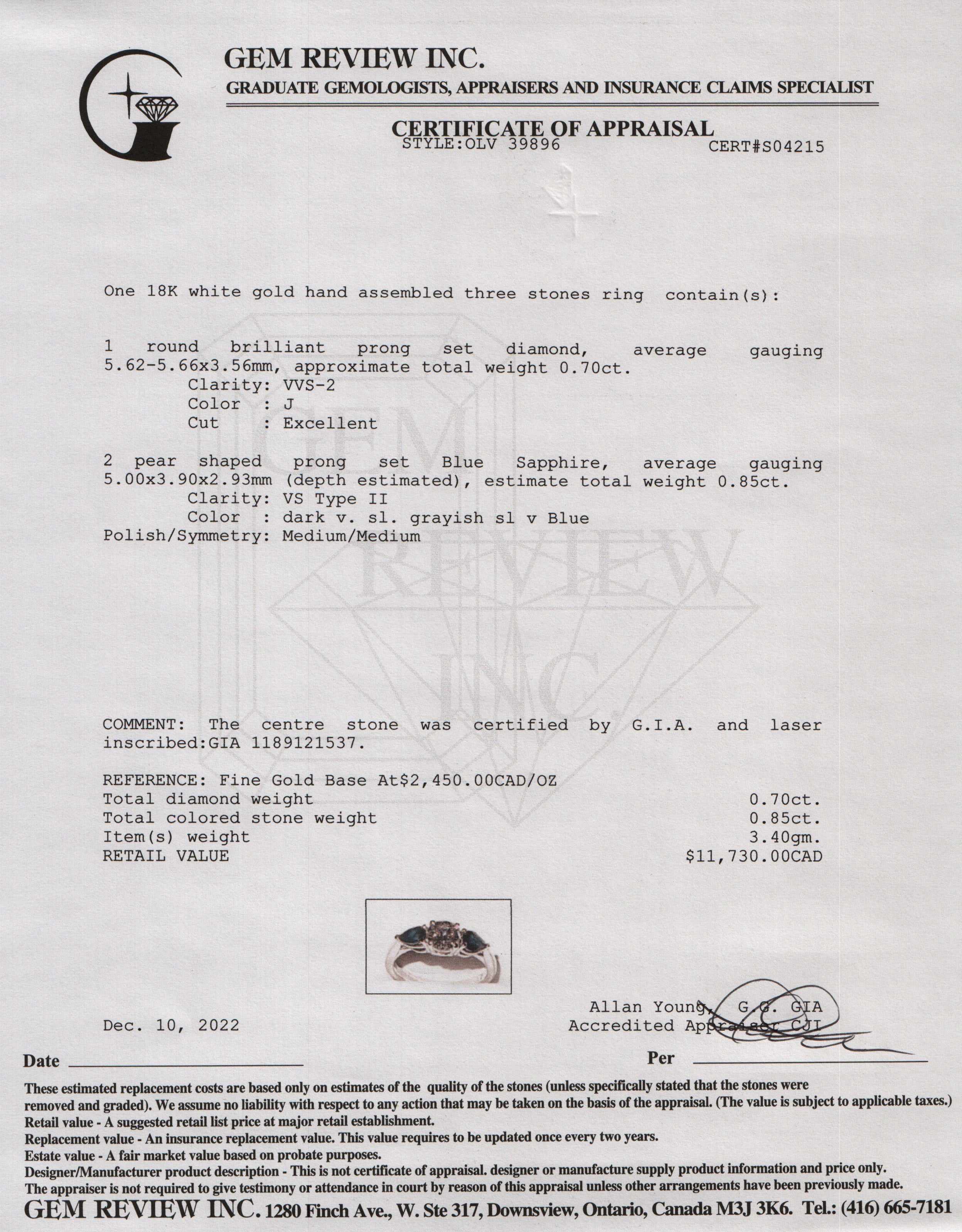 18k White Gold Three Stone Sapphire & Diamond Ring