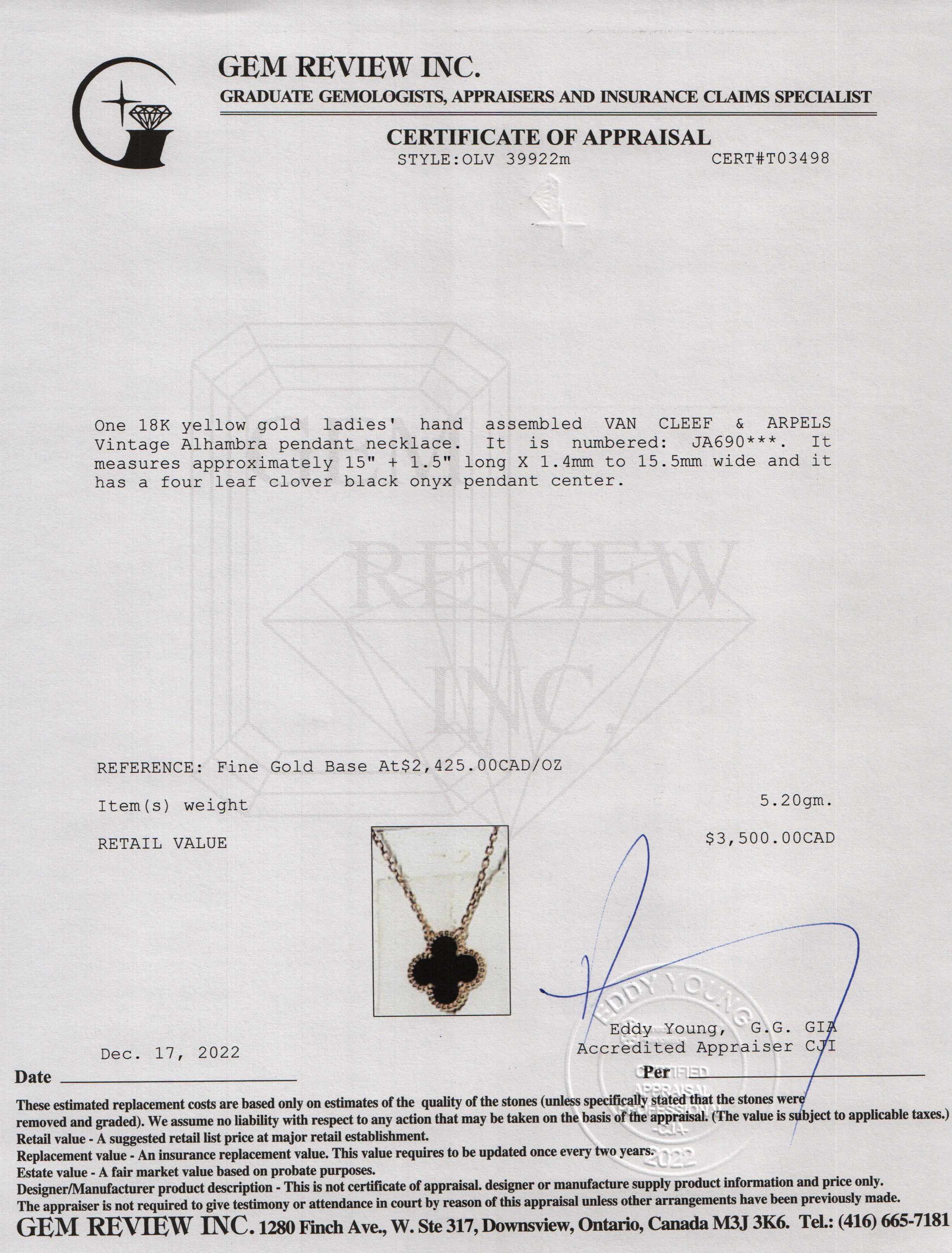Van Cleef & Arpels Vintage Alhambra Black Onyx Pendant Necklace w/ Box & Certificate