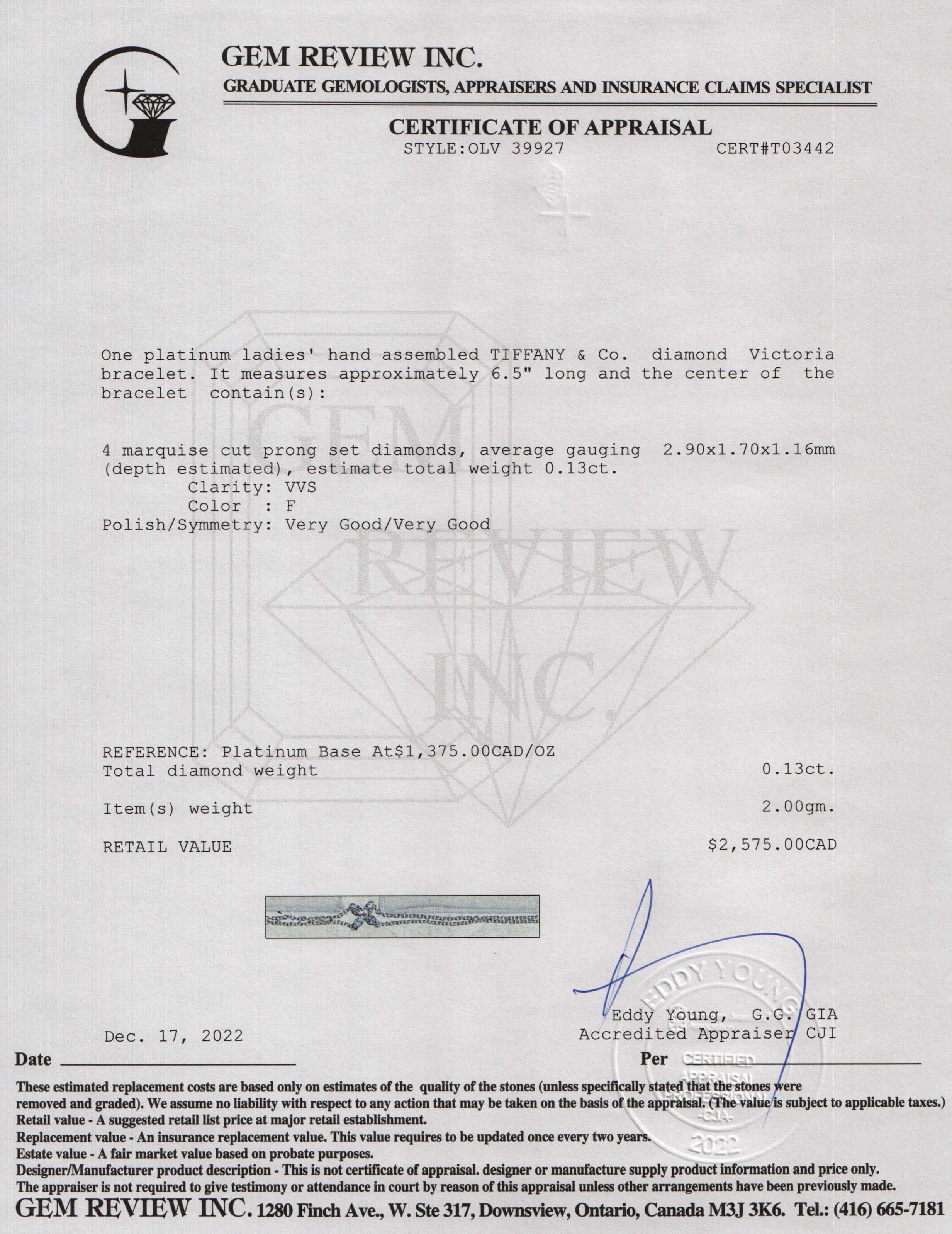 Tiffany & Co. Platinum Diamond Victoria Bracelet w/ Box