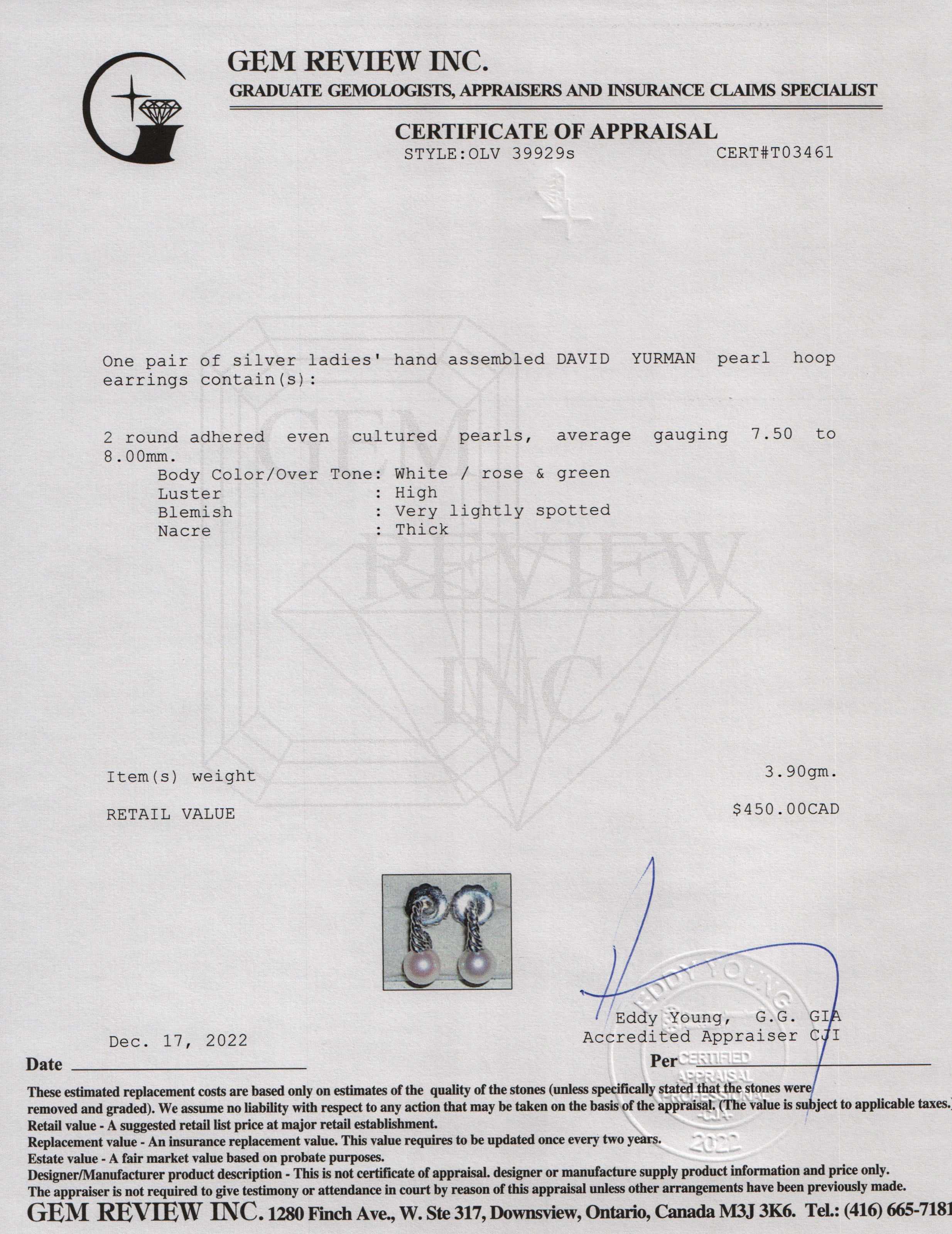 David Yurman Pearl Cable Hoop Earrings