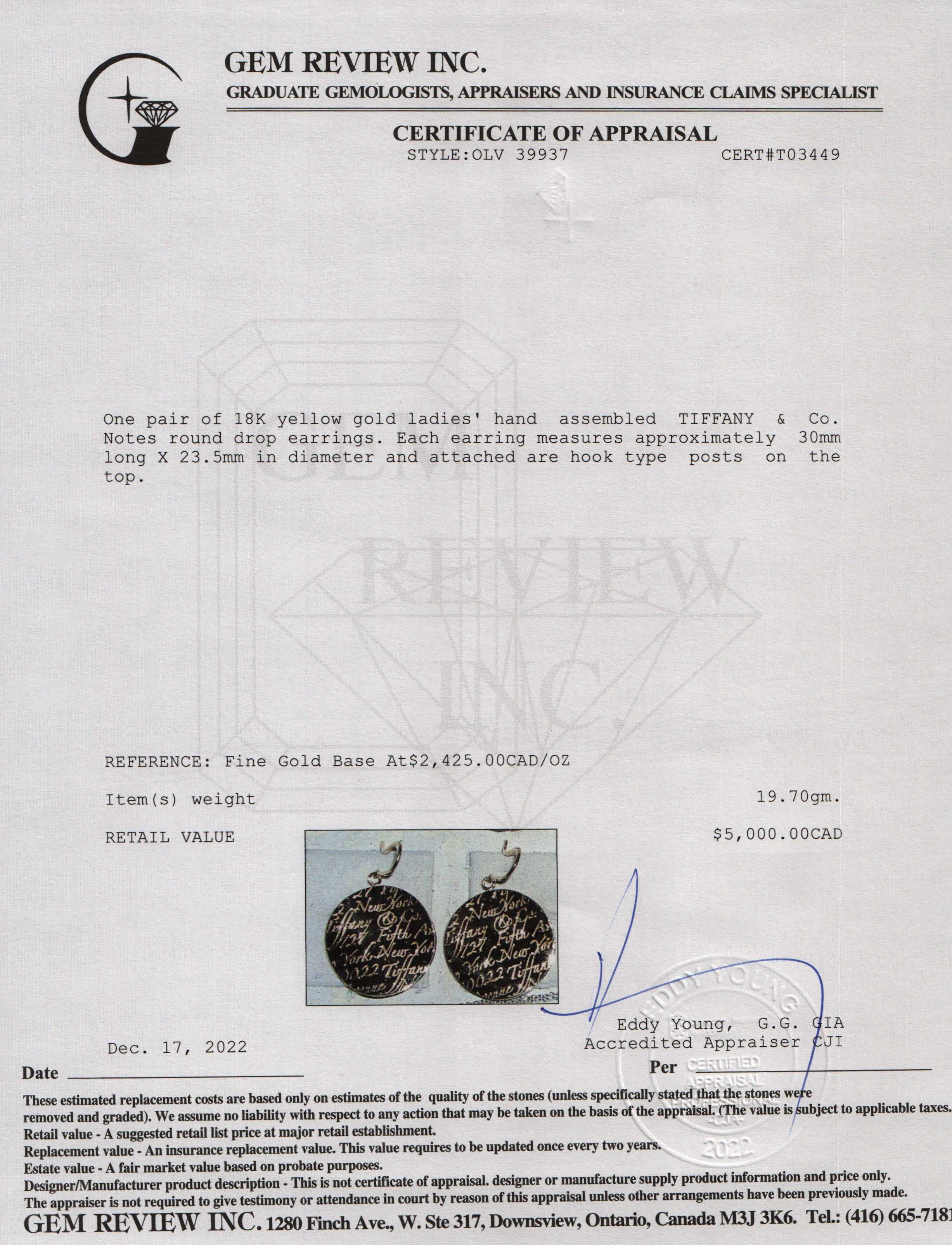 Tiffany & Co. 18k Gold Notes Round Drop Earrings