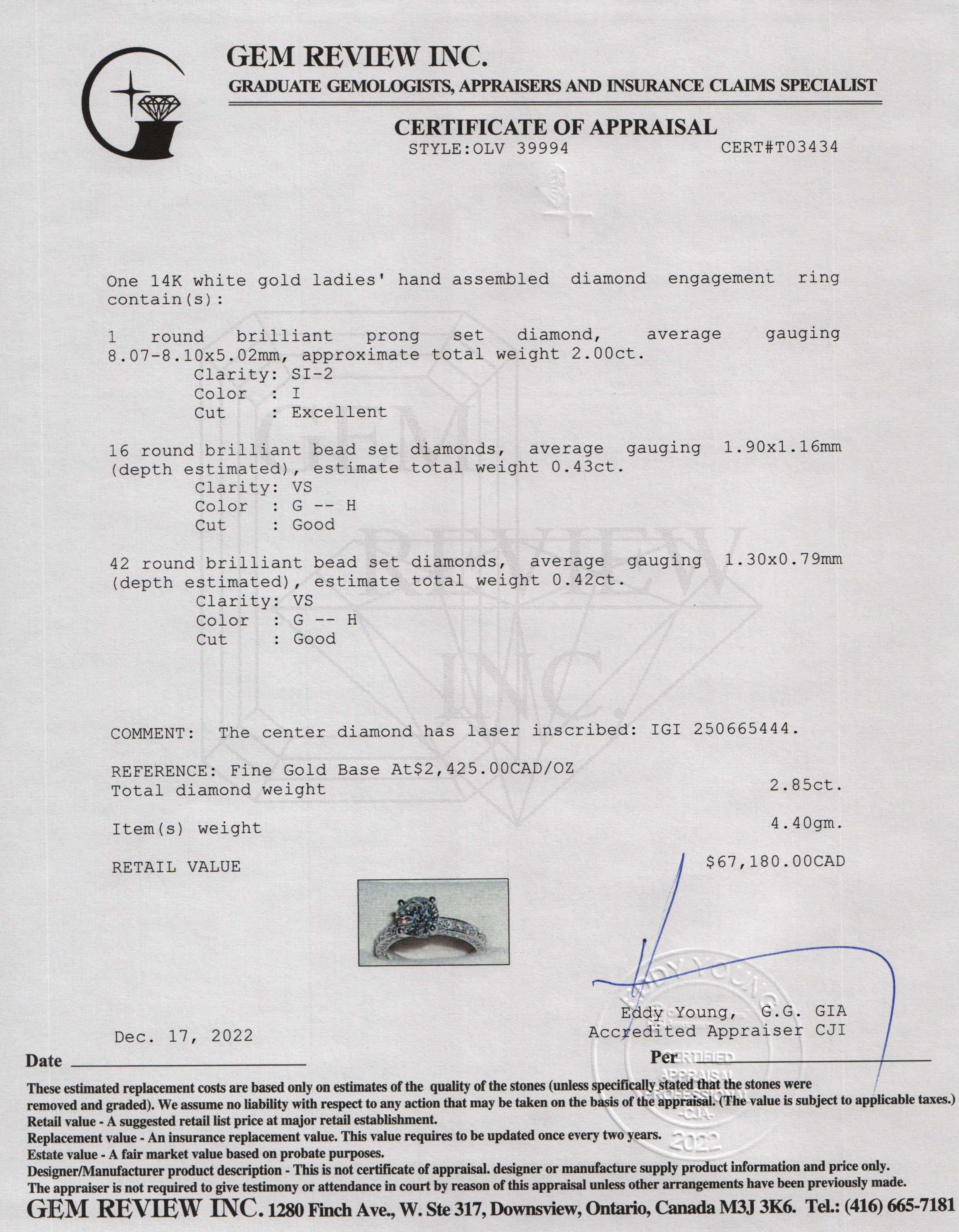 14k White Gold 2.00 ct. Diamond Engagement Ring