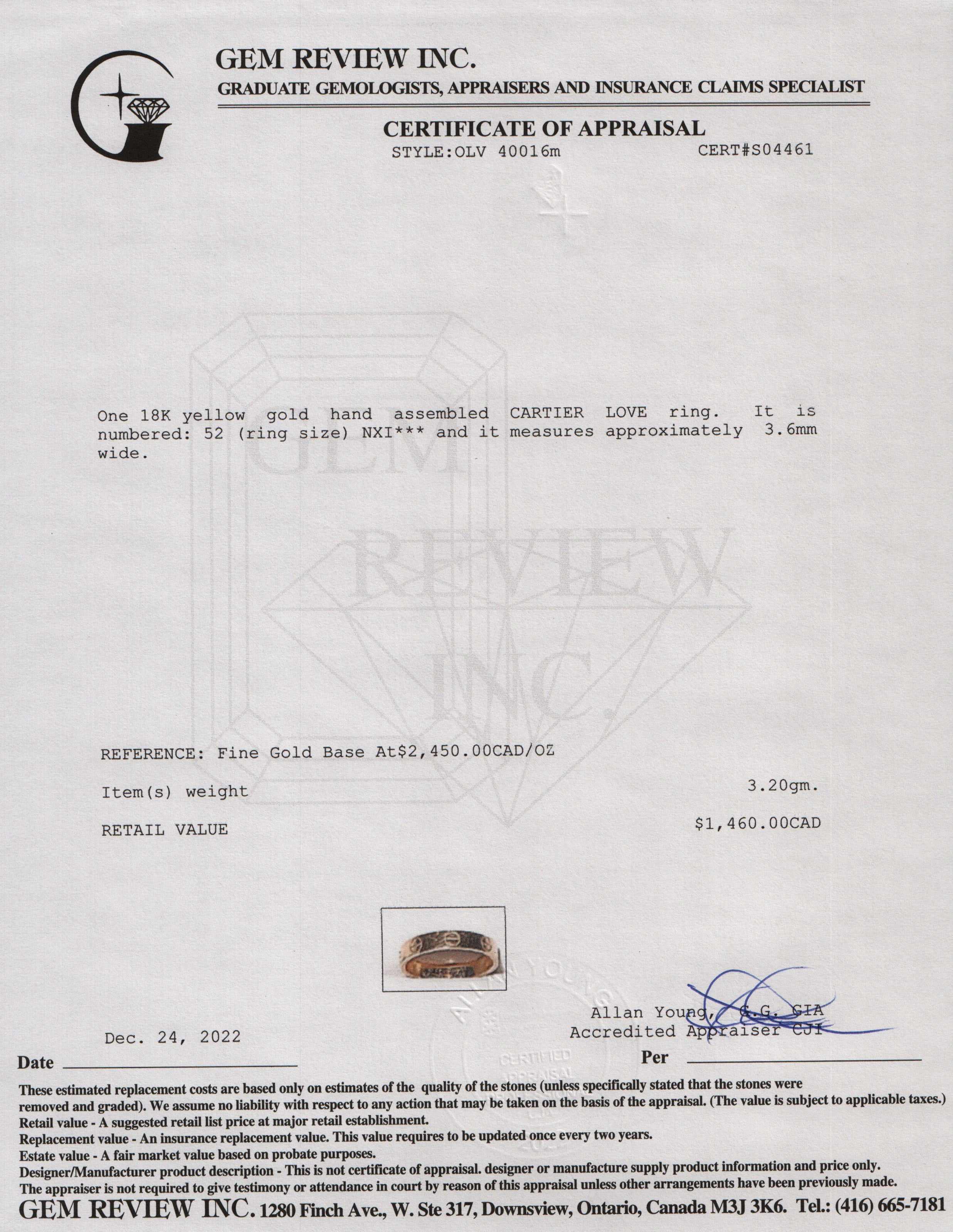 Cartier 18k Yellow Gold Love Wedding Band Ring w/ Receipt & Certificate