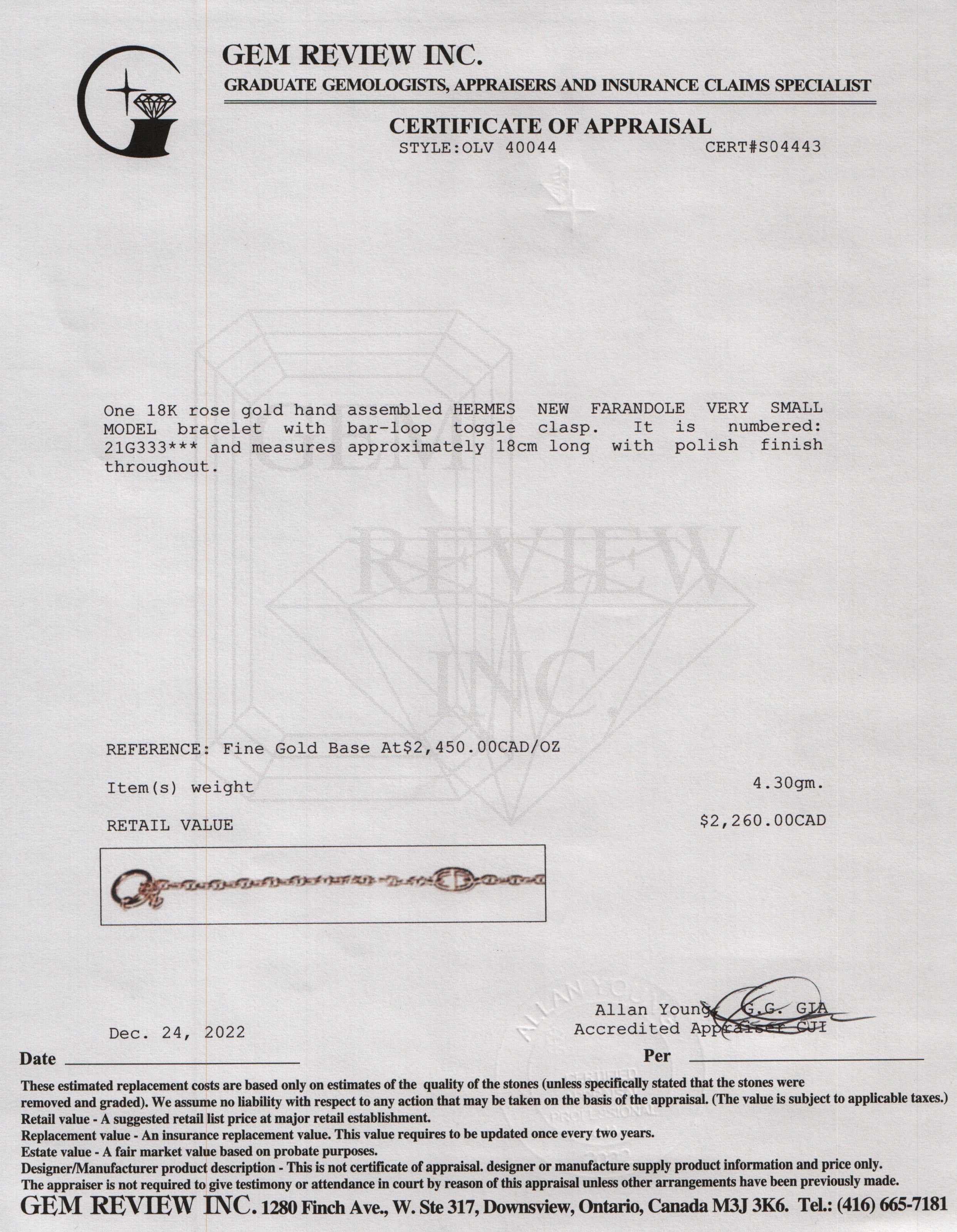 Hermes 18k Rose Gold New Farandole Bracelet, Very Small Model w/ Box