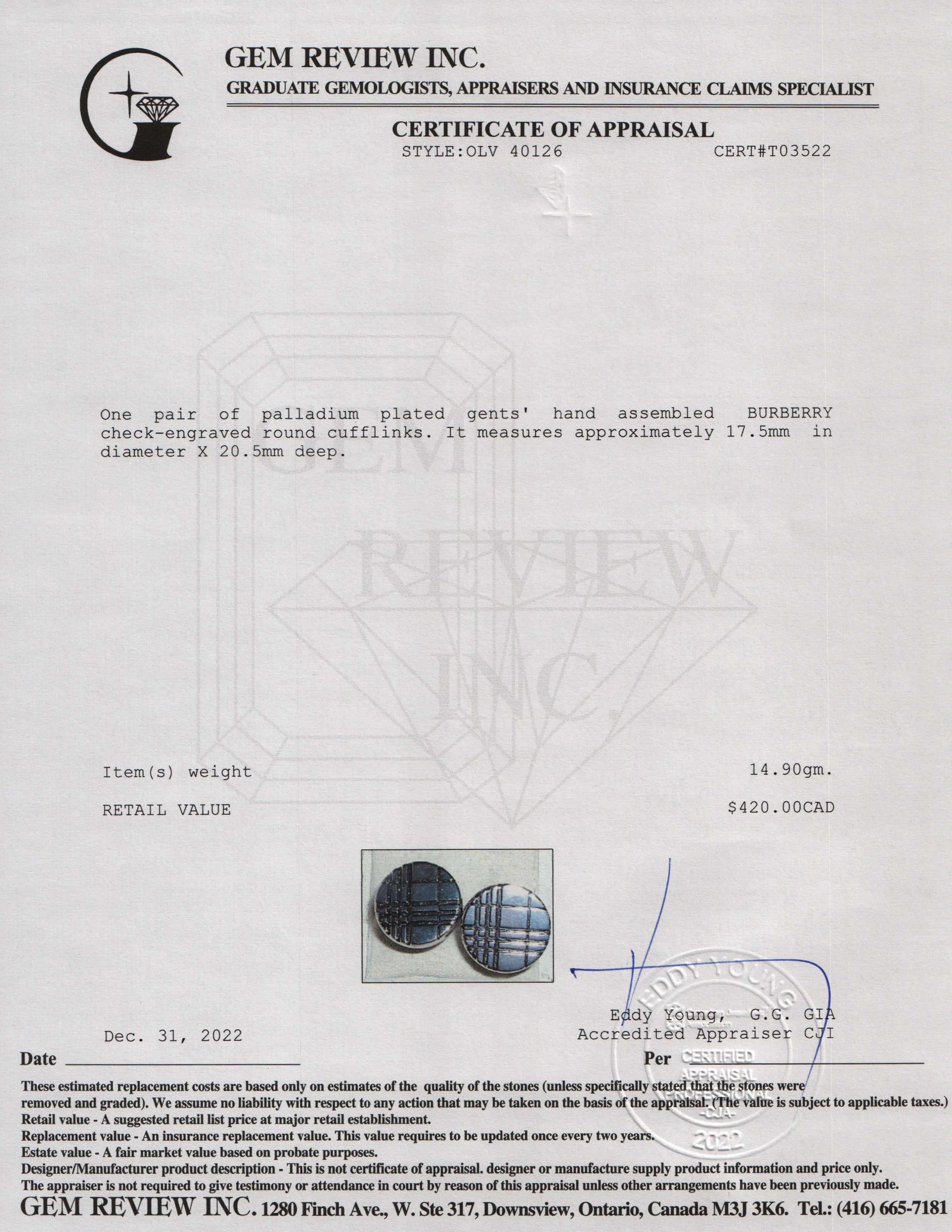 Burberry Check-Engraved Round Cufflinks w/ Box