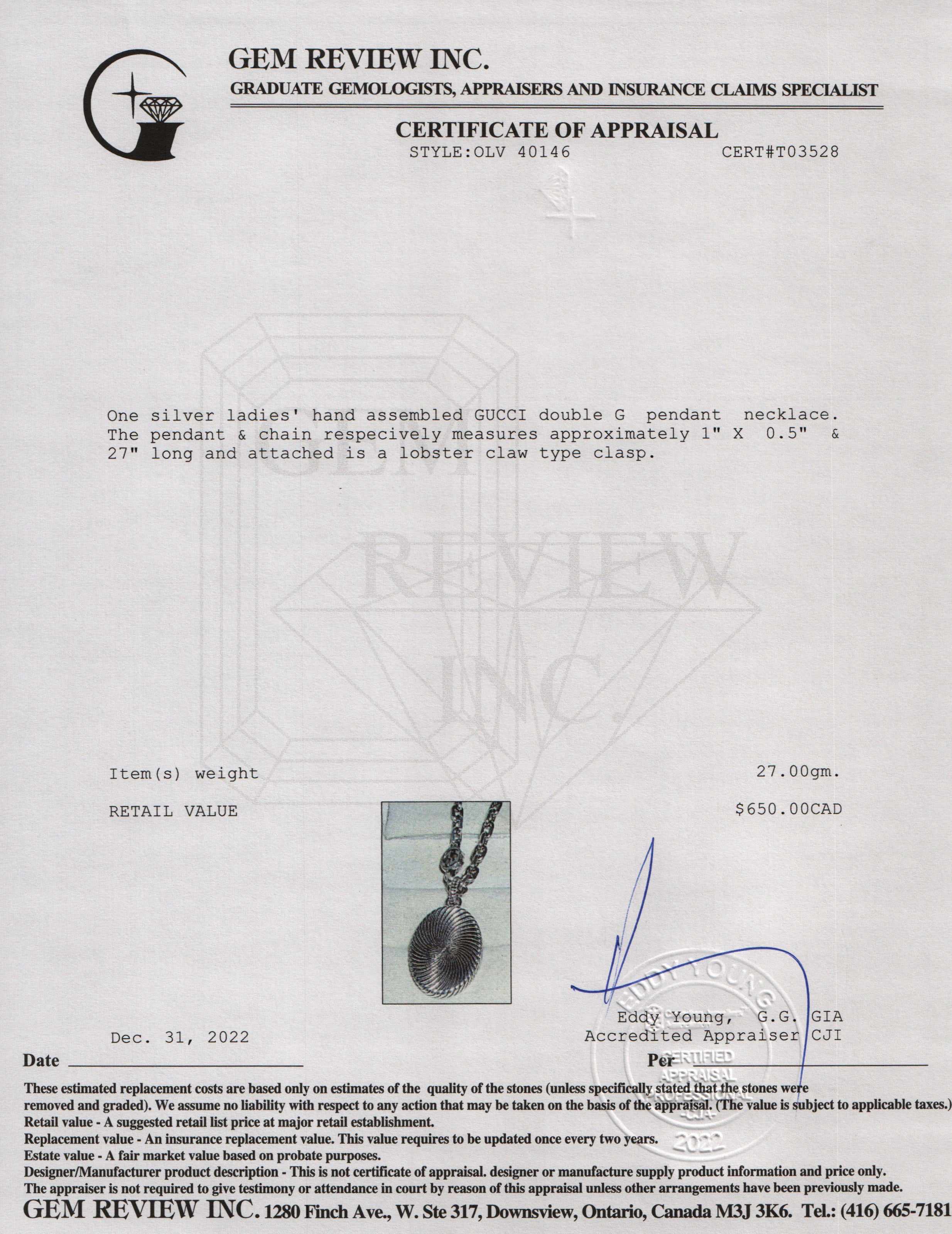 Gucci Double G Pendant Necklace w/ Box