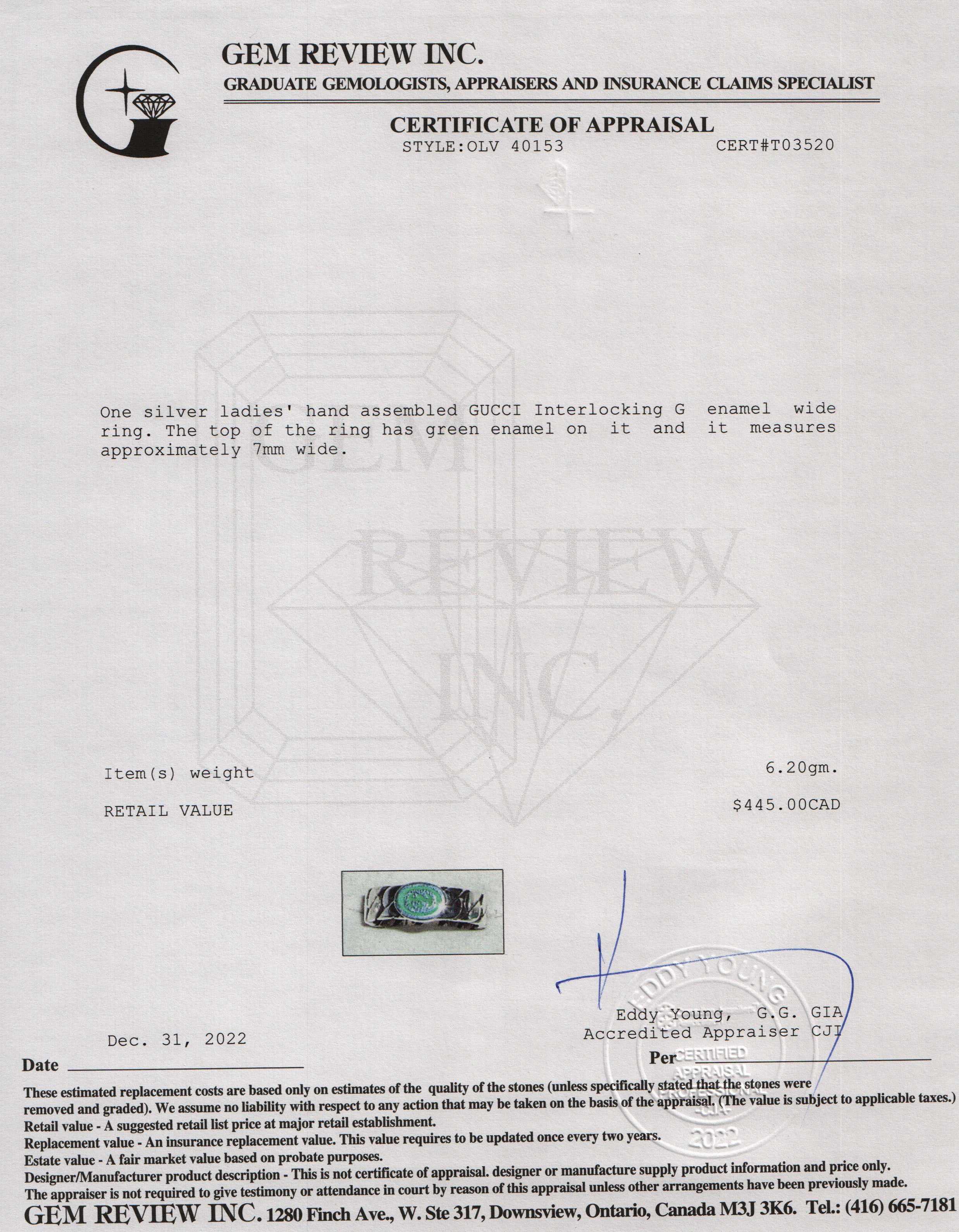 Gucci Interlocking G Enamel Wide Ring w/ Box