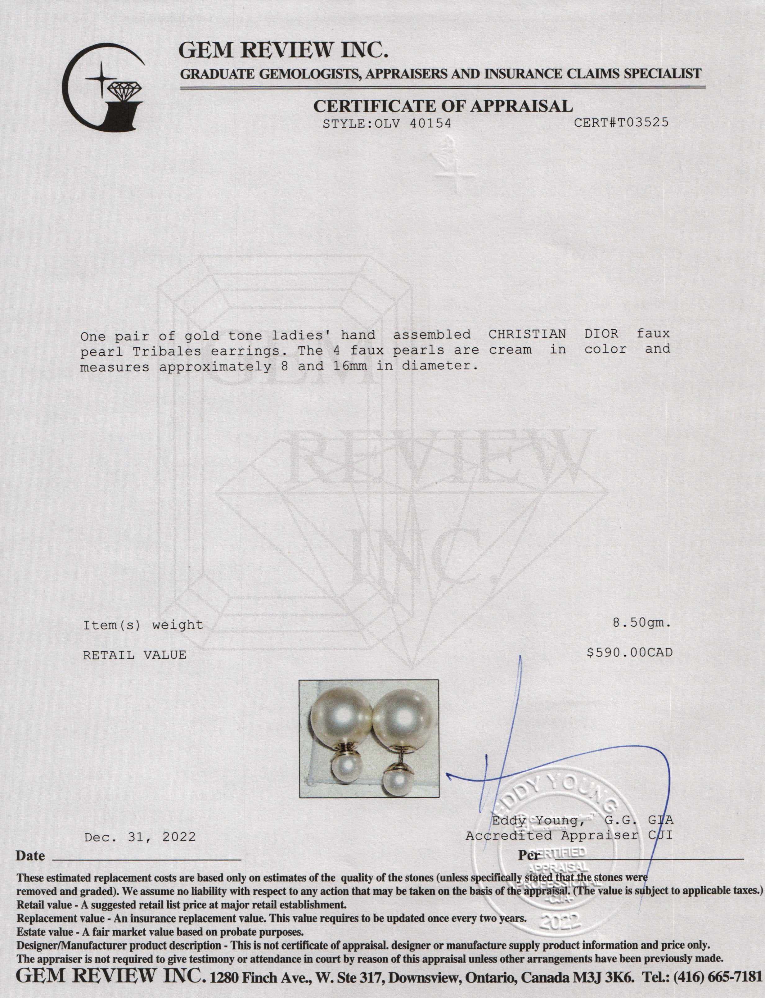 Christian Dior Faux Pearl Tribales Stud Earrings w/ Box