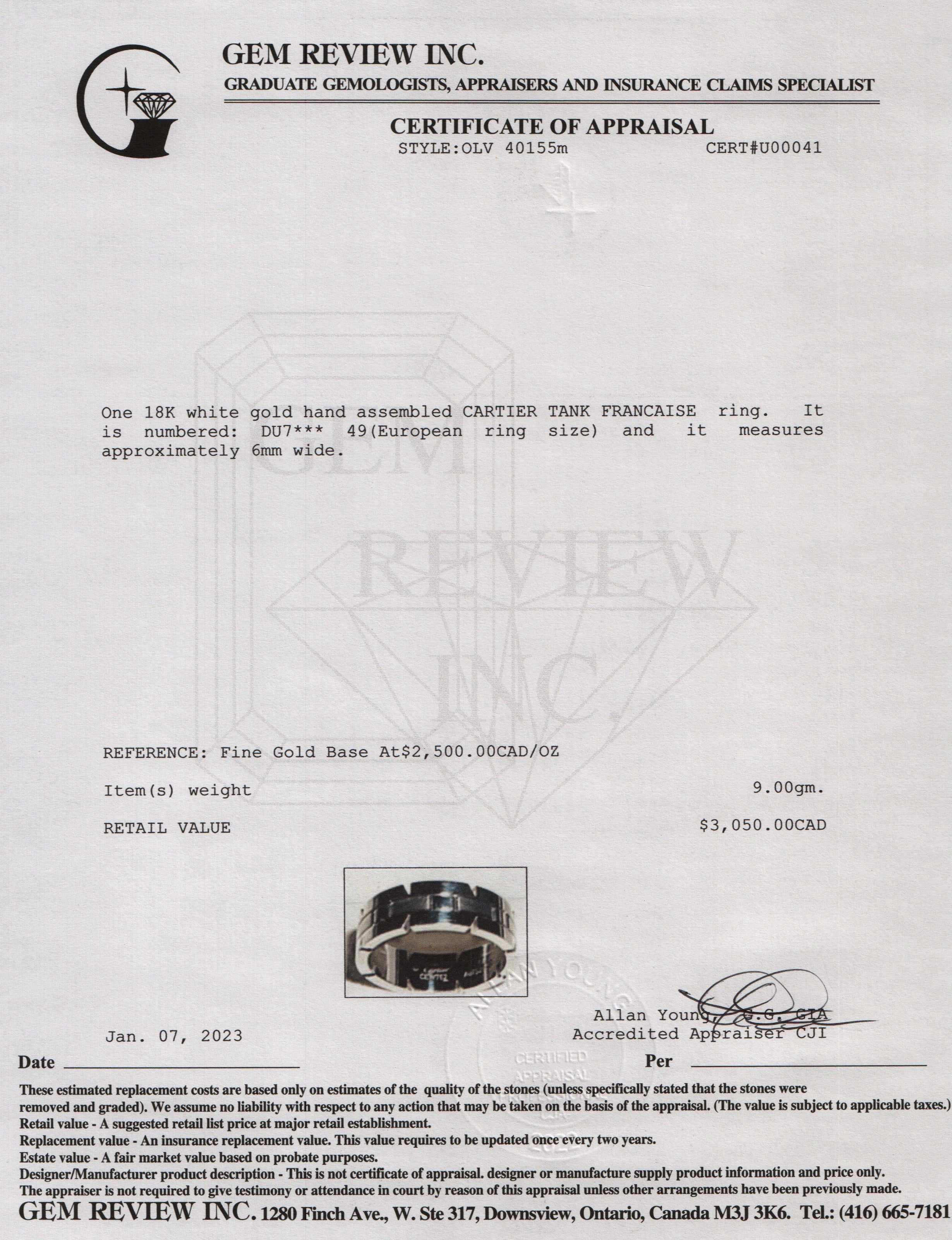 Cartier 18k White Gold Tank Francaise Ring w/ Box & Certificate