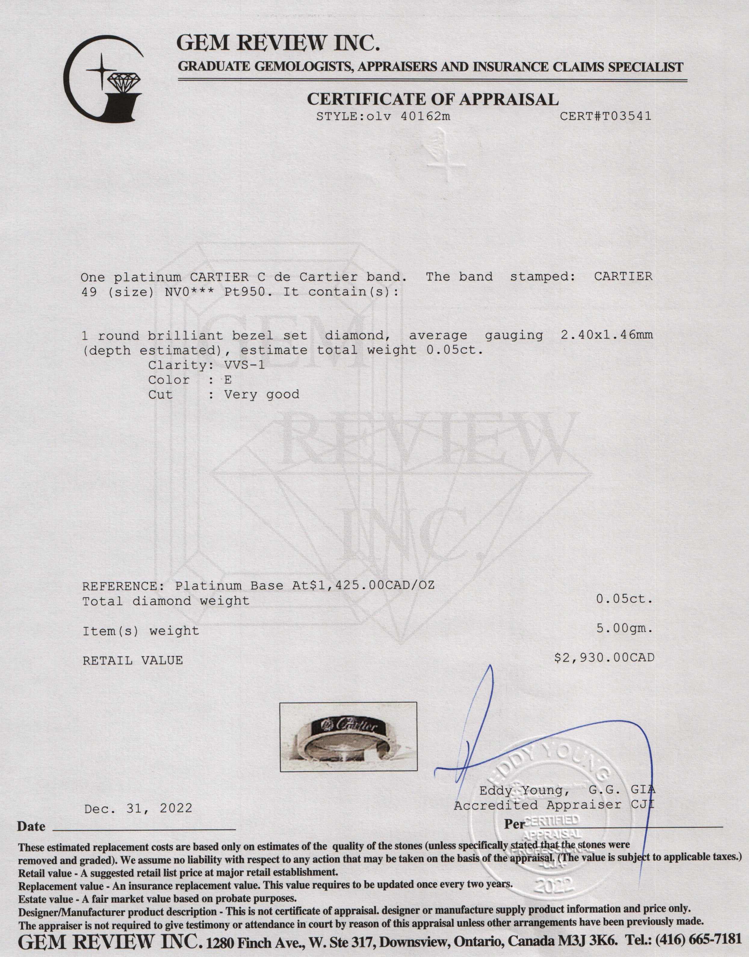 Cartier Platinum C de Cartier Diamond Wedding Band Ring w/ Box